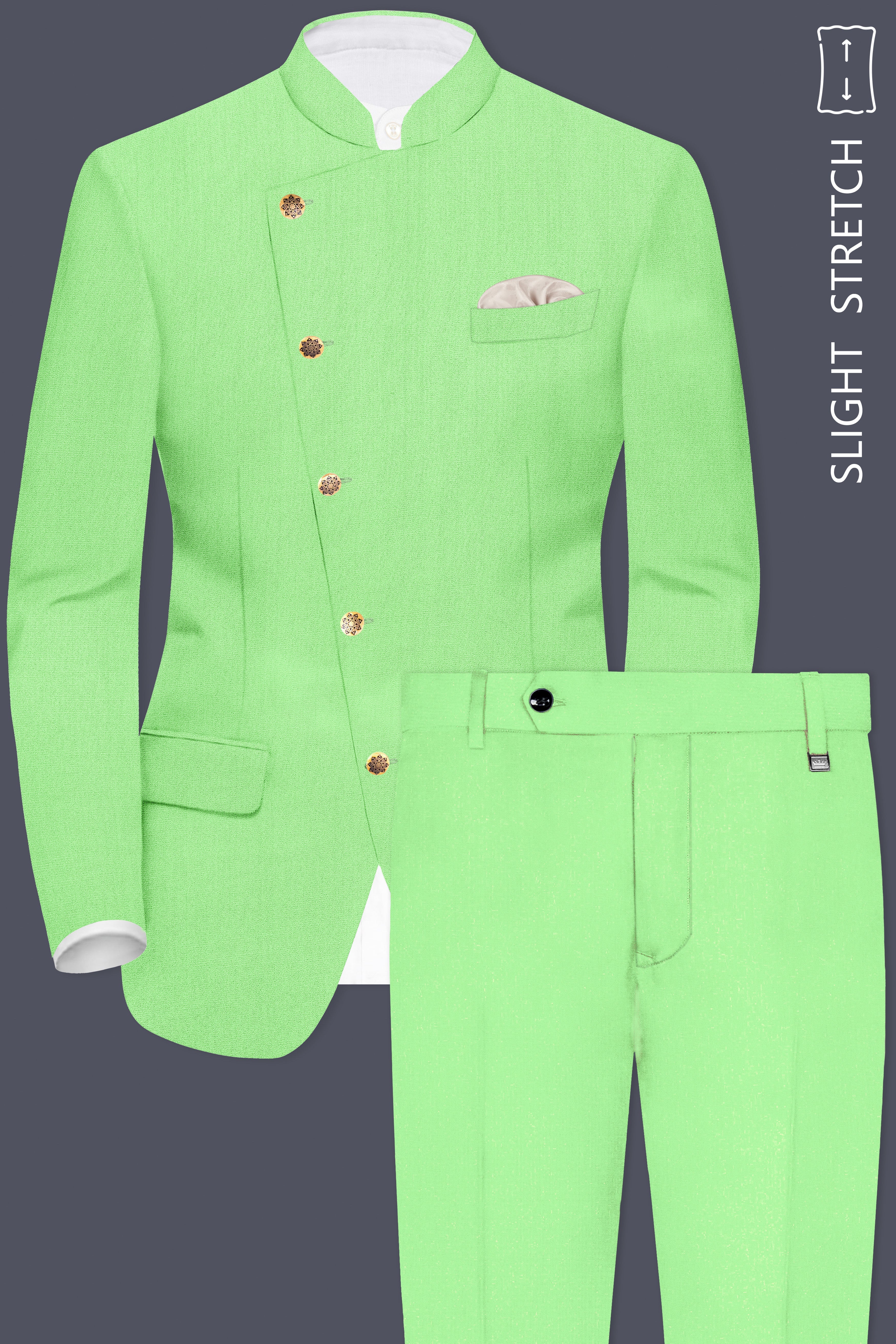 Emerald-Mint Green Solid Wool Rich Cross Placket Bandhgala Slight Stretch Suit