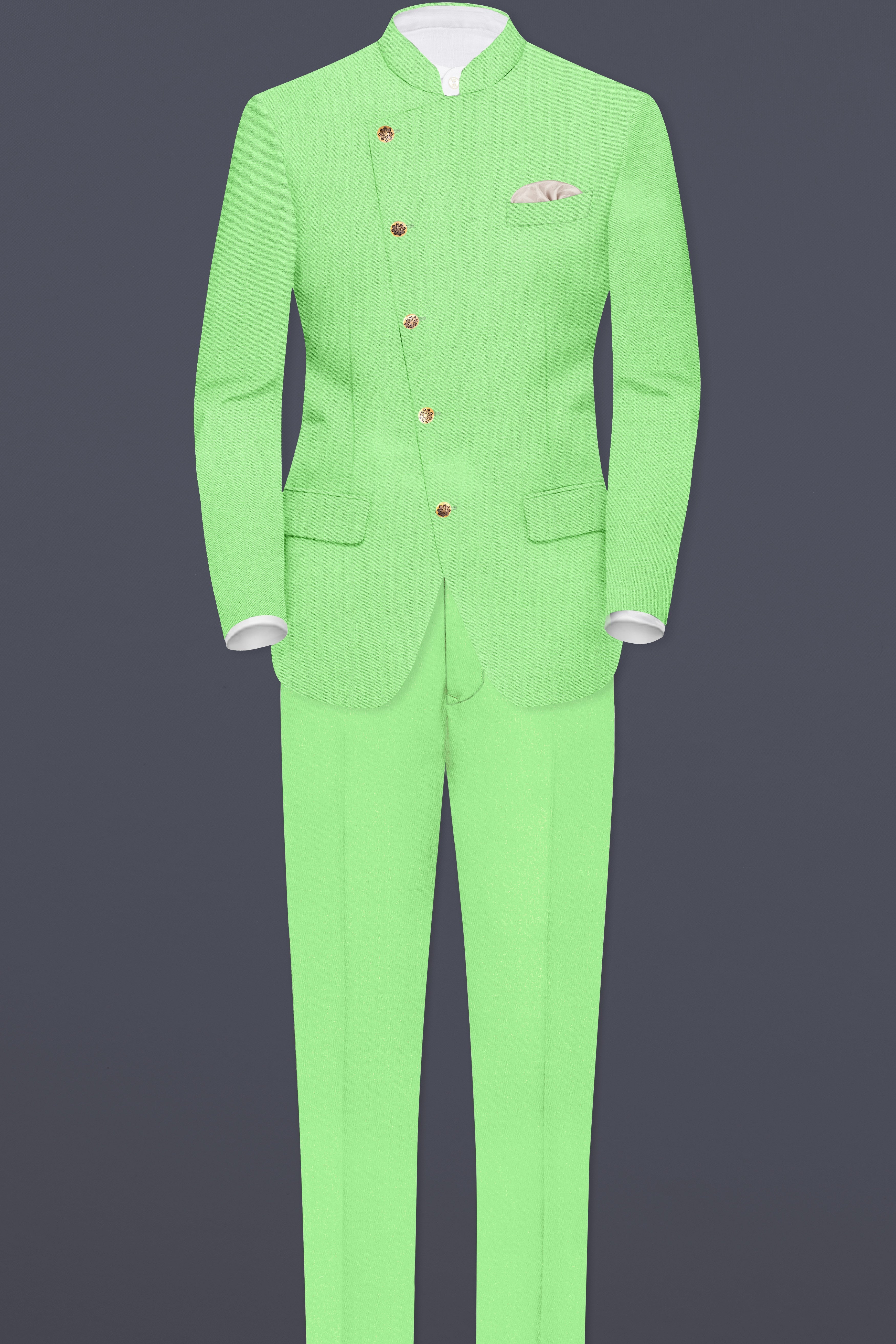 Emerald-Mint Green Solid Wool Rich Cross Placket Bandhgala Slight Stretch Suit