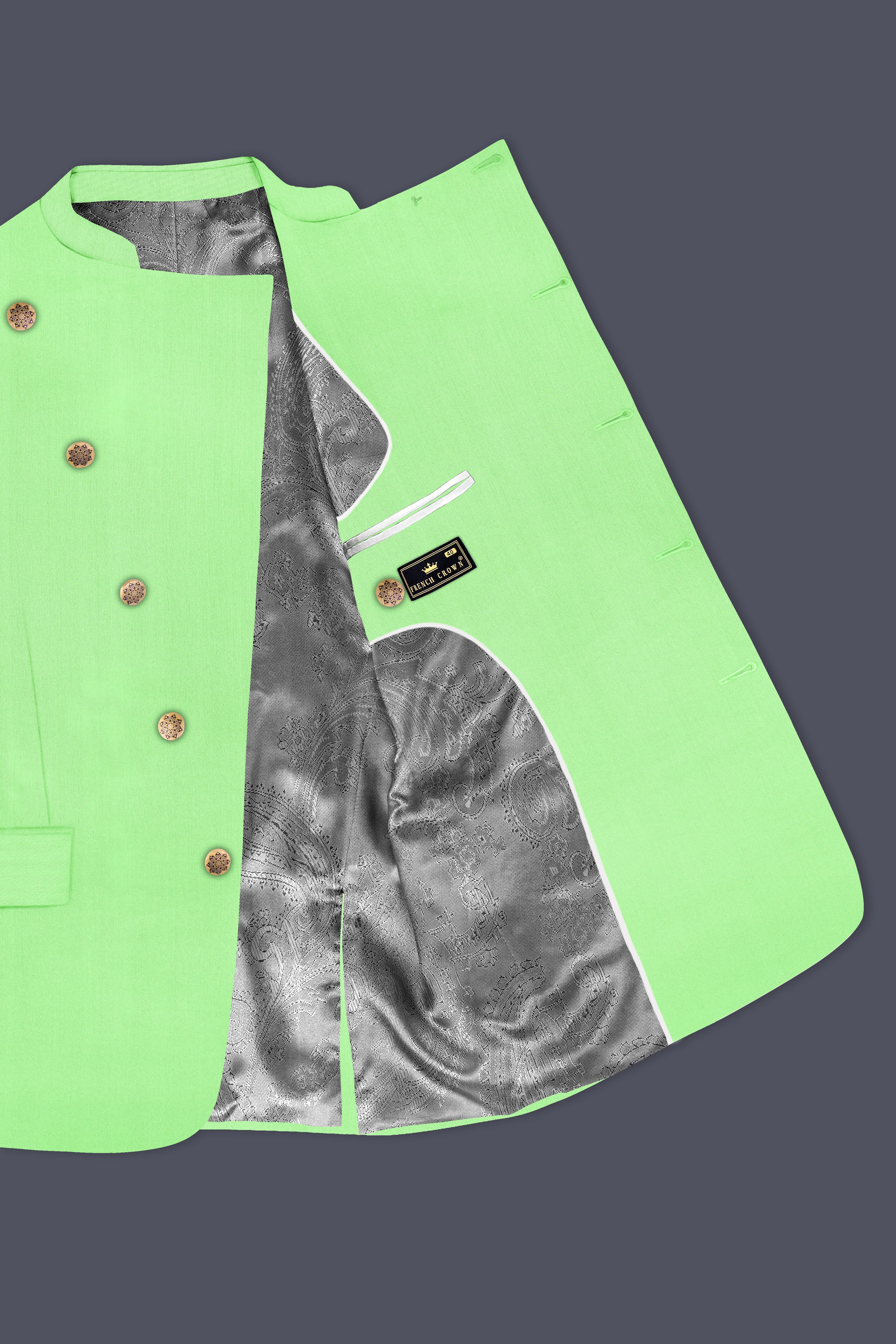 Emerald-Mint Green Solid Wool Rich Cross Placket Bandhgala Slight Stretch Suit