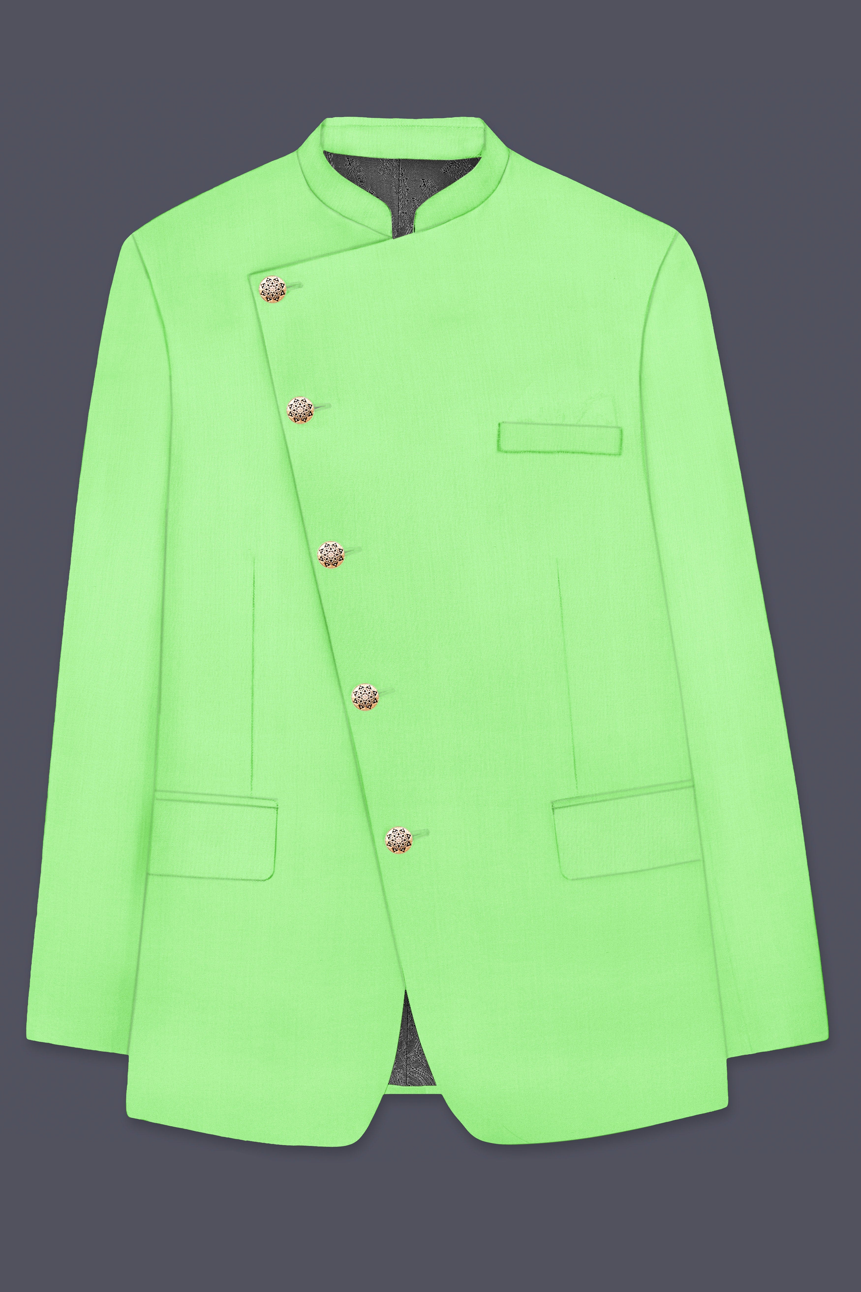 Emerald-Mint Green Solid Wool Rich Cross Placket Bandhgala Suit