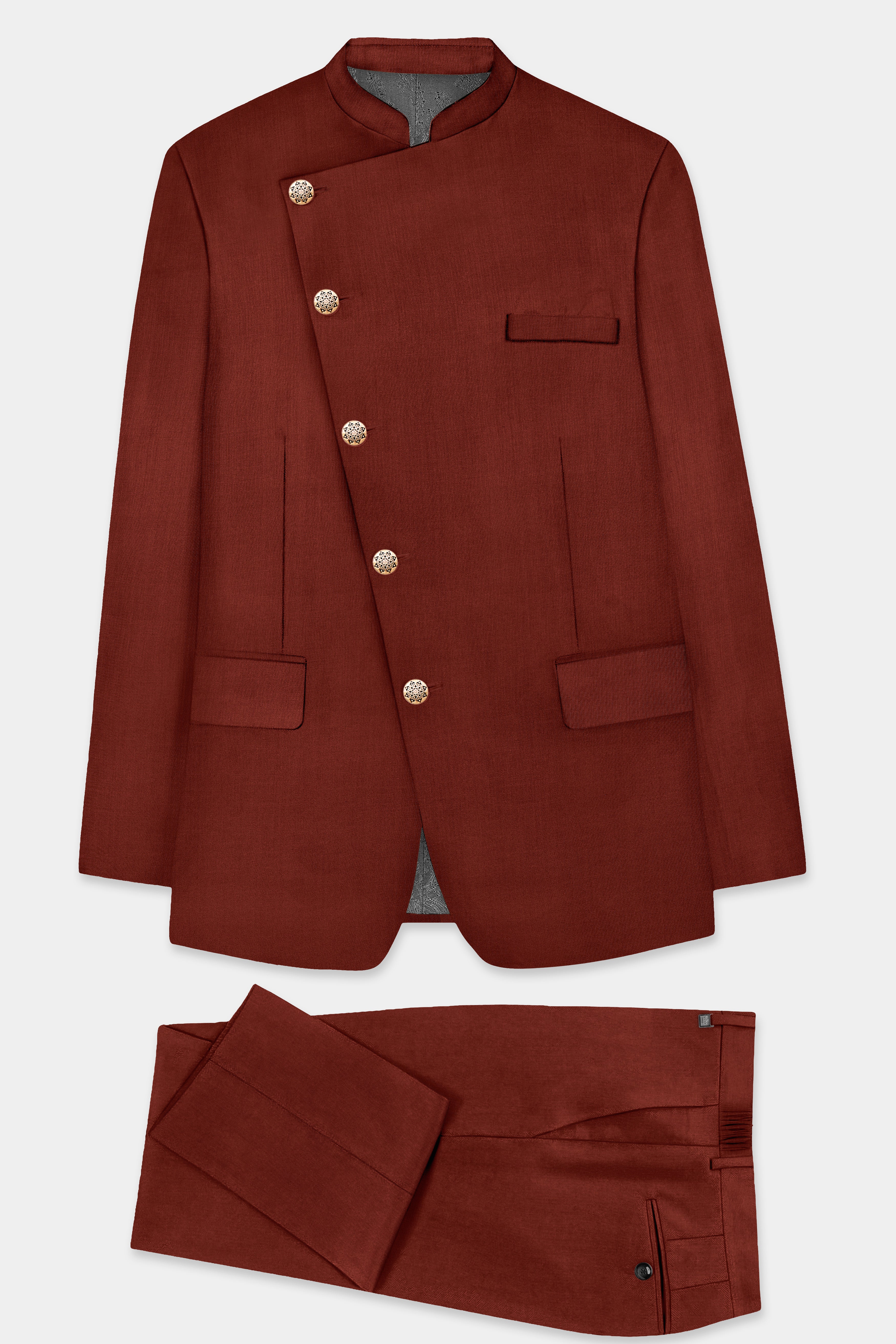 Inferno Rust-Brick Red Solid Wool Rich Cross Placket Bandhgala Slight Stretch Suit
