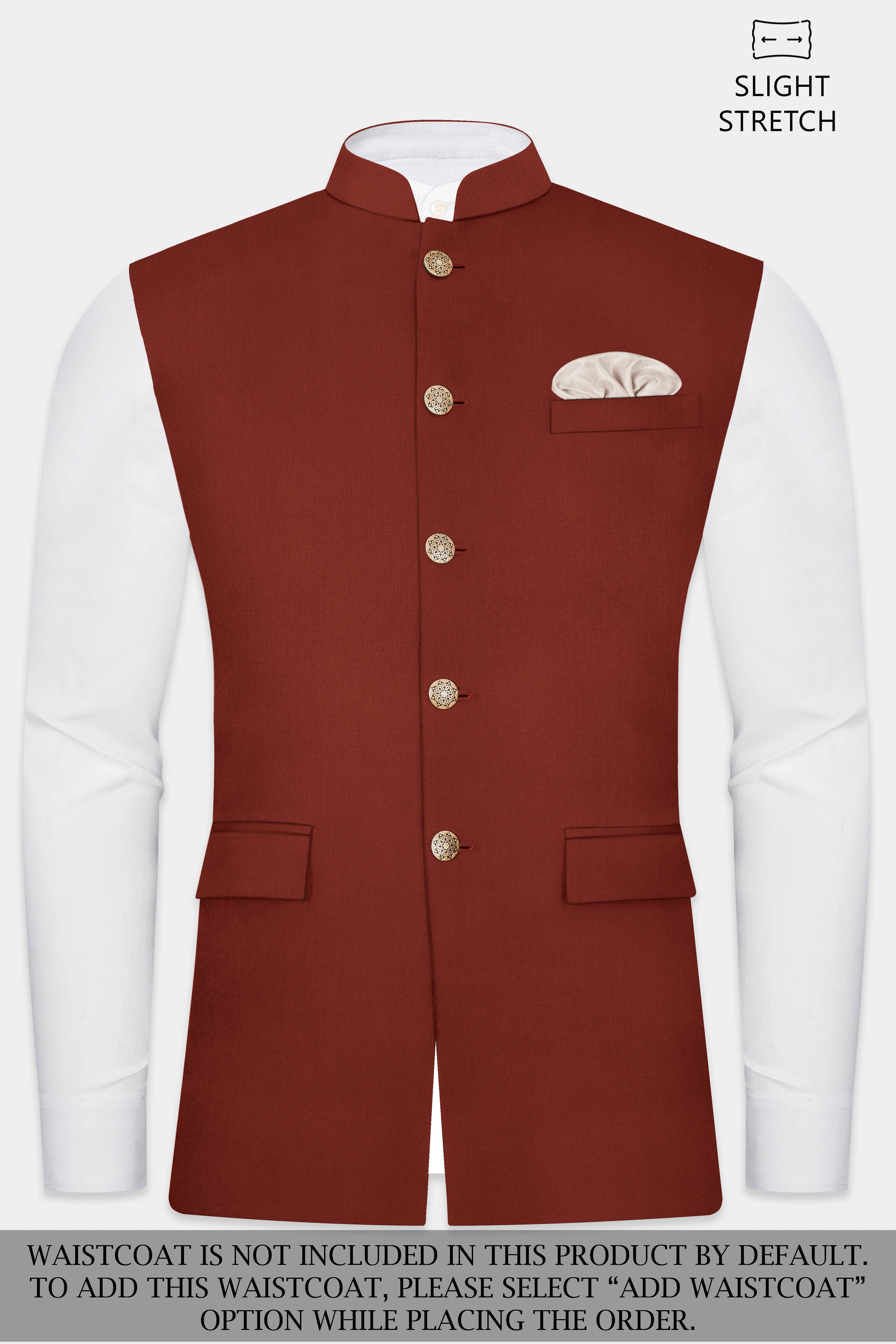 Inferno Rust-Brick Red Solid Wool Rich Cross Placket Bandhgala Slight Stretch Suit