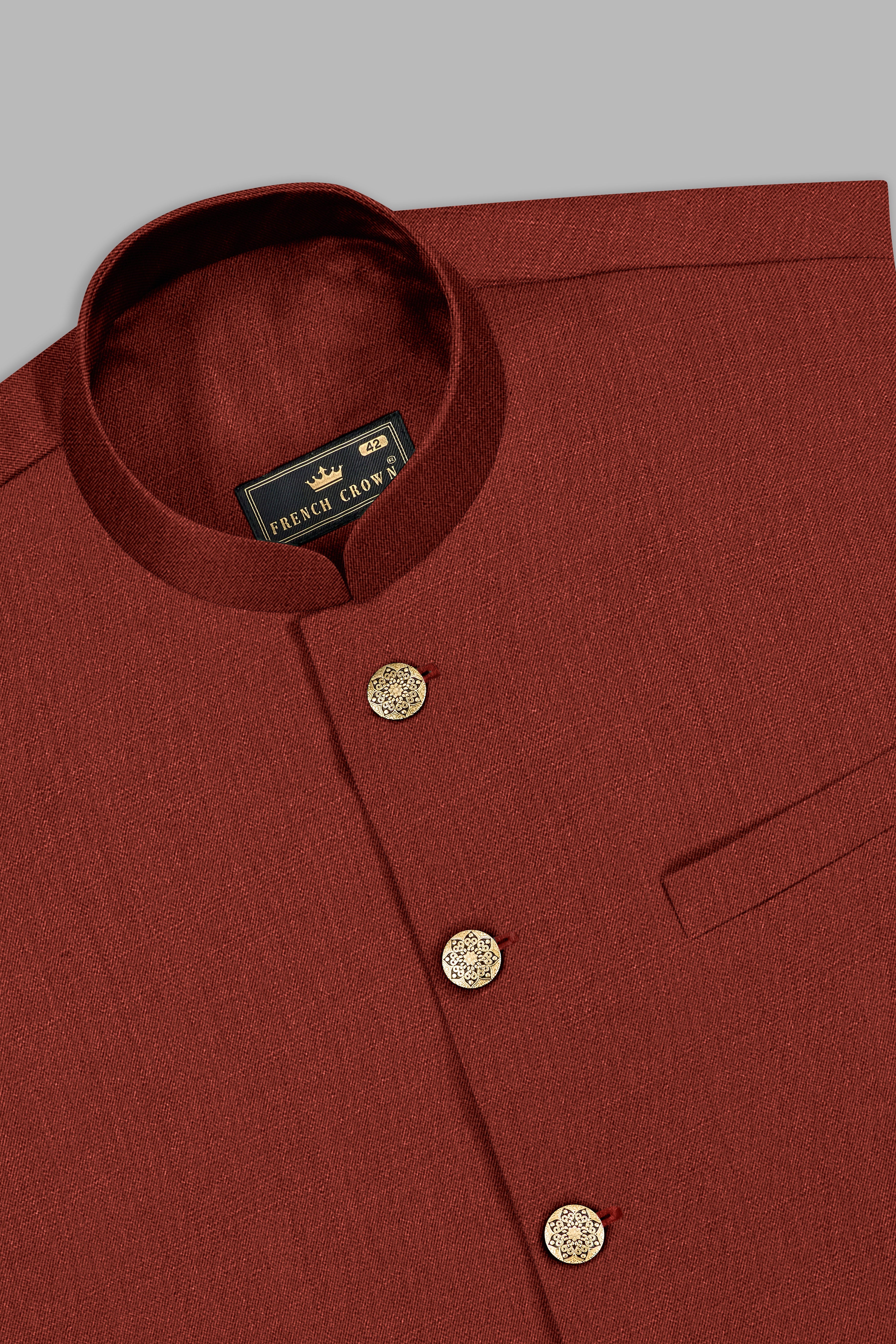 Inferno Rust-Brick Red Solid Wool Rich Cross Placket Bandhgala Suit