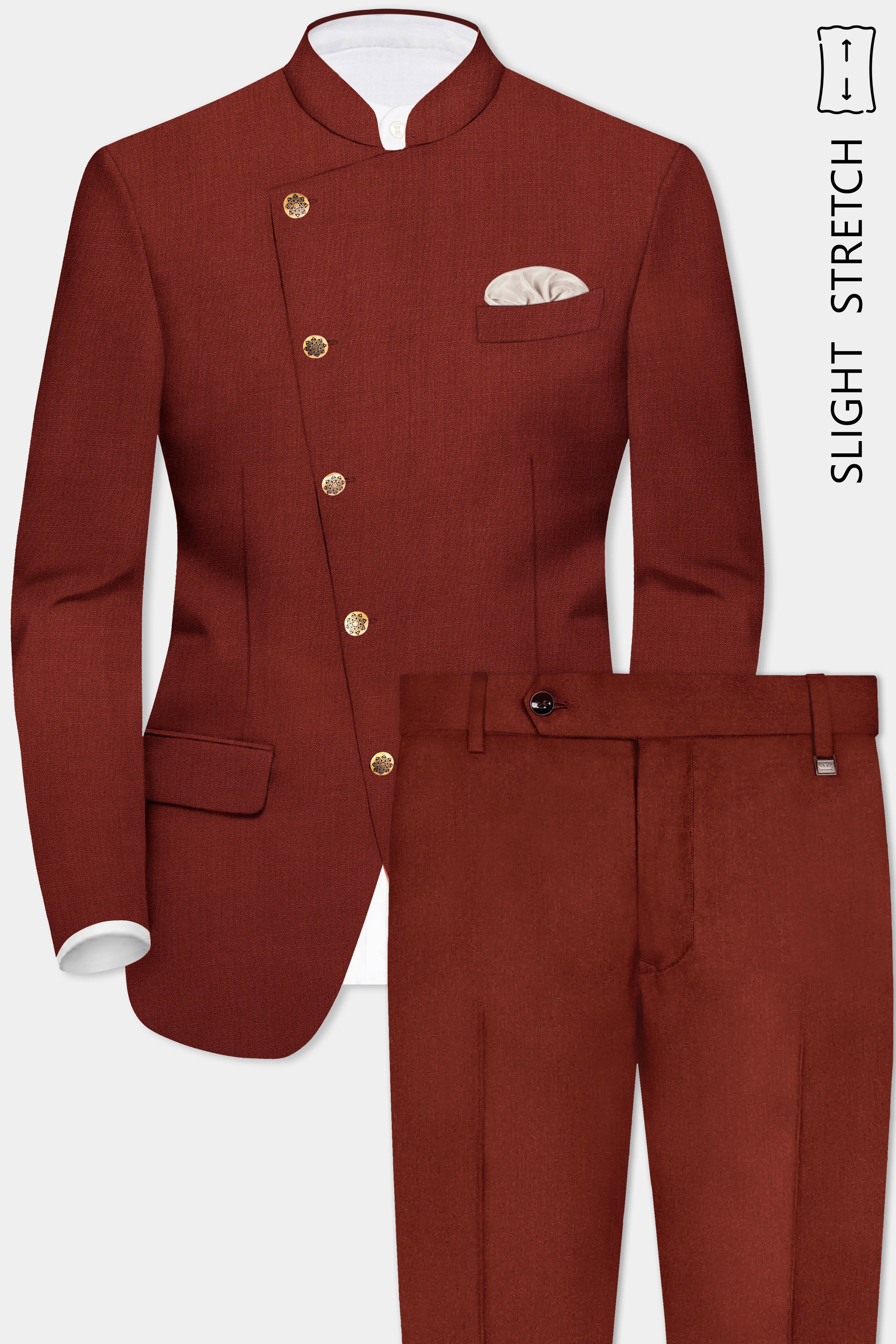 Inferno Rust-Brick Red Solid Wool Rich Cross Placket Bandhgala Slight Stretch Suit
