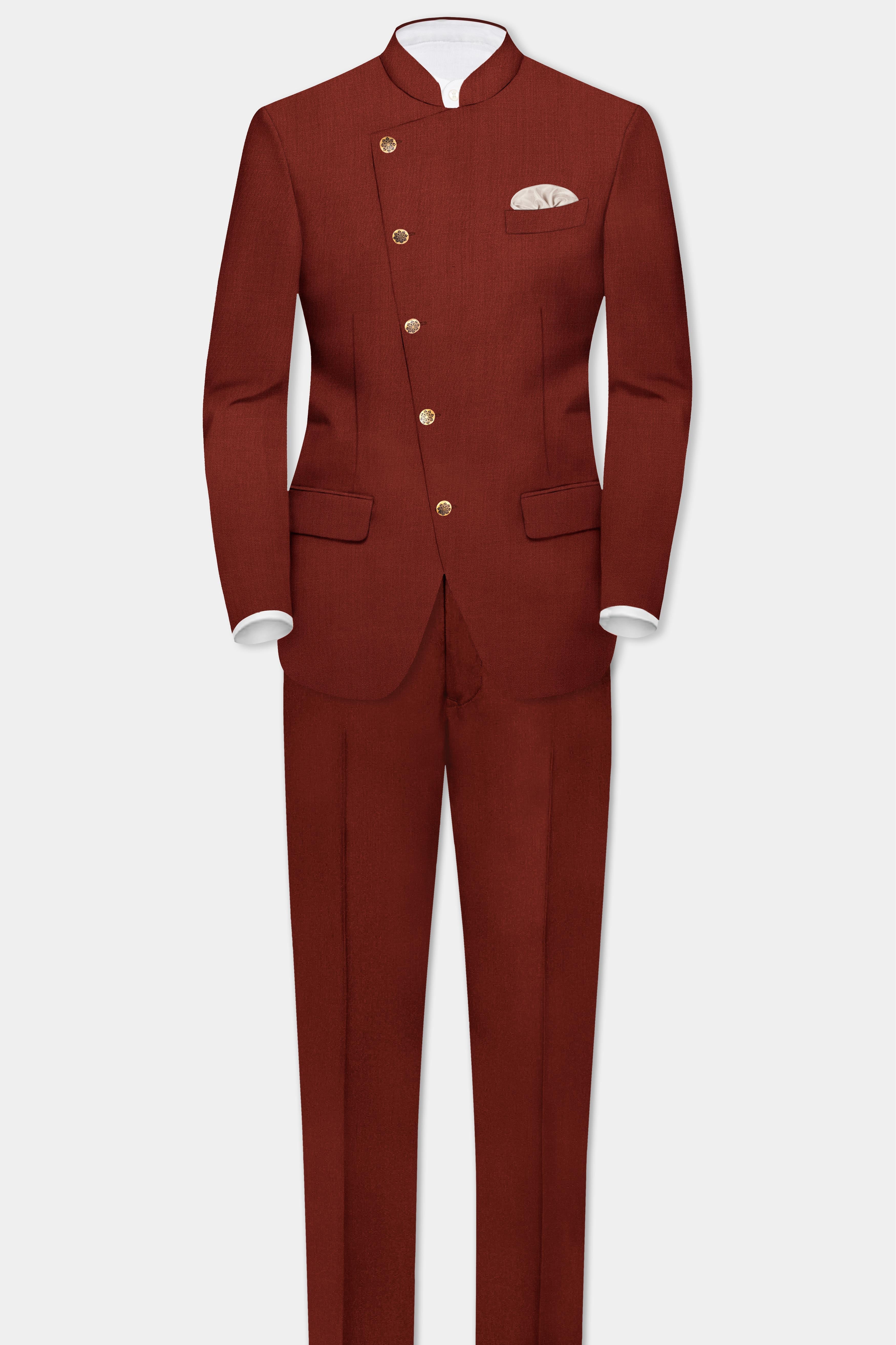 Inferno Rust-Brick Red Solid Wool Rich Cross Placket Bandhgala Slight Stretch Suit
