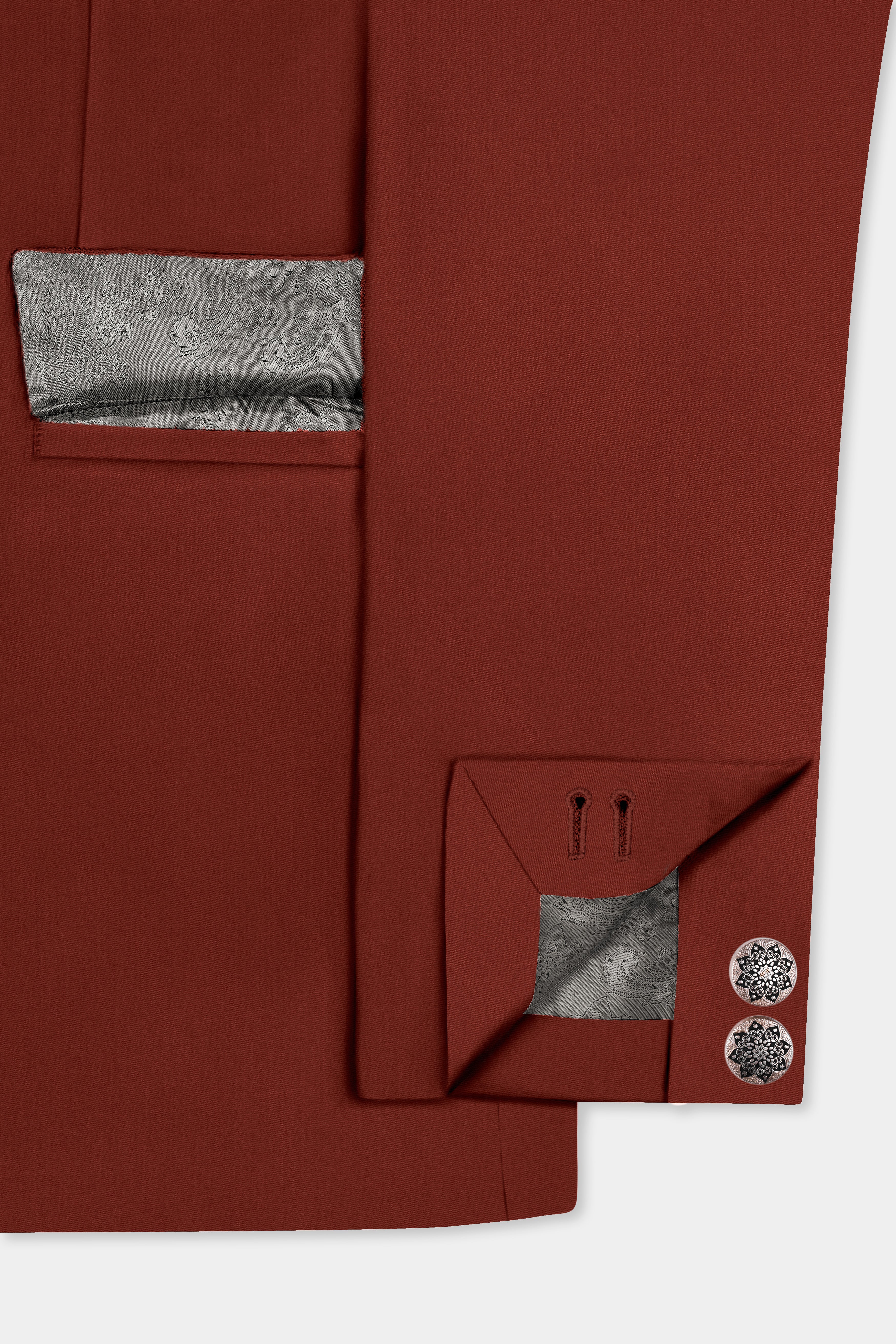 Inferno Rust-Brick Red Solid Wool Rich Cross Placket Bandhgala Slight Stretch Suit