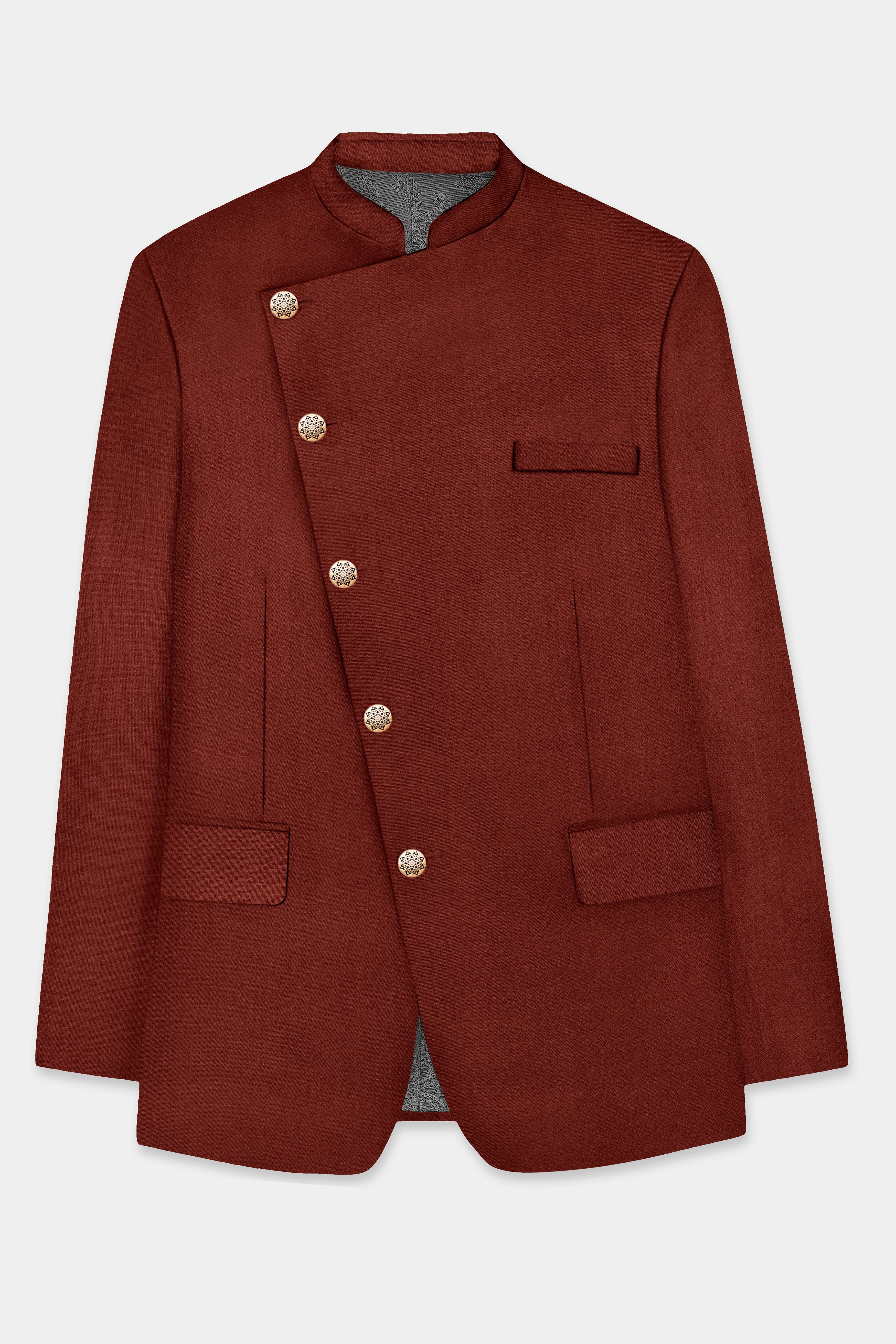 Inferno Rust-Brick Red Solid Wool Rich Cross Placket Bandhgala Slight Stretch Suit