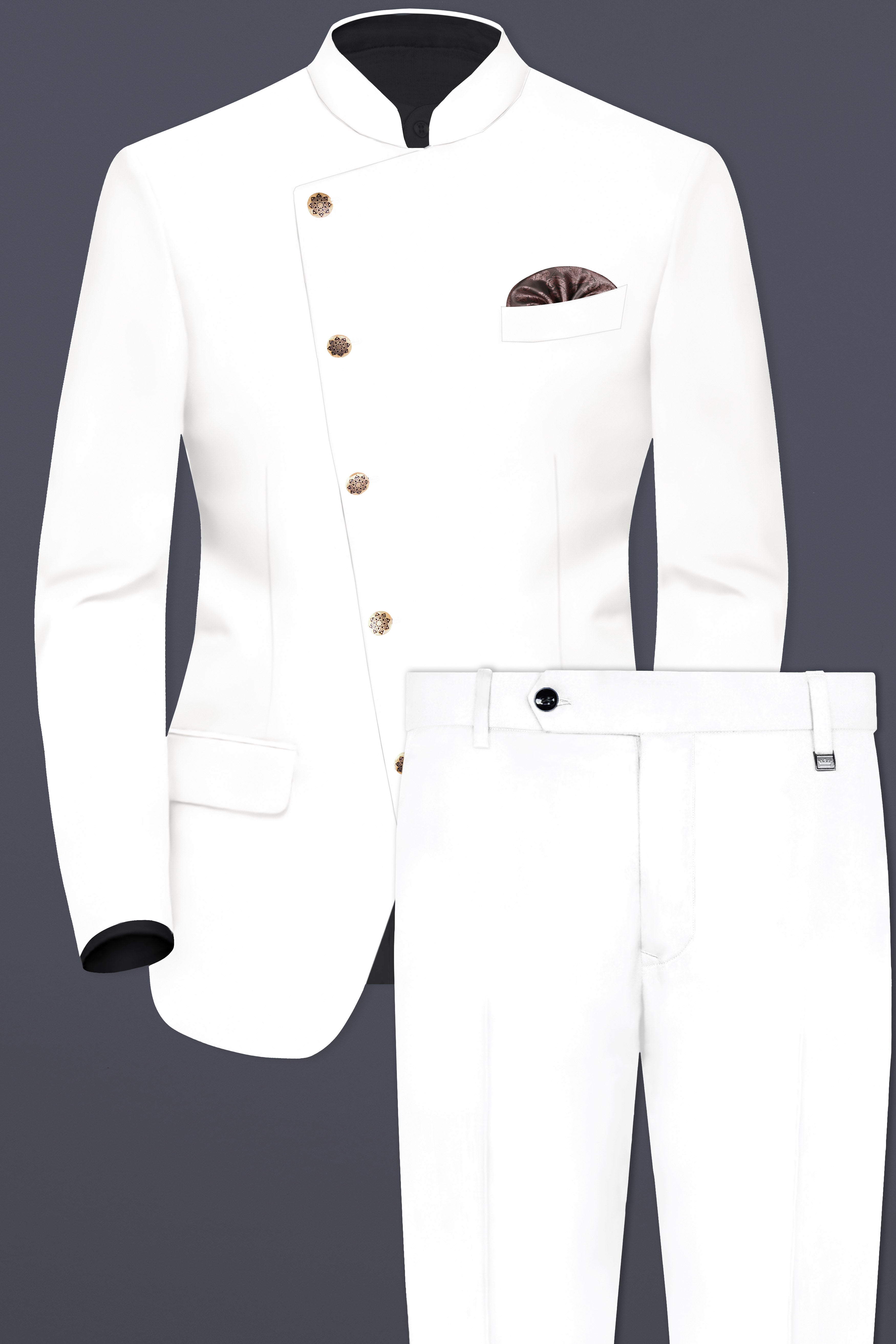 Off White Solid Wool Rich Cross Placket Bandhgala Suit