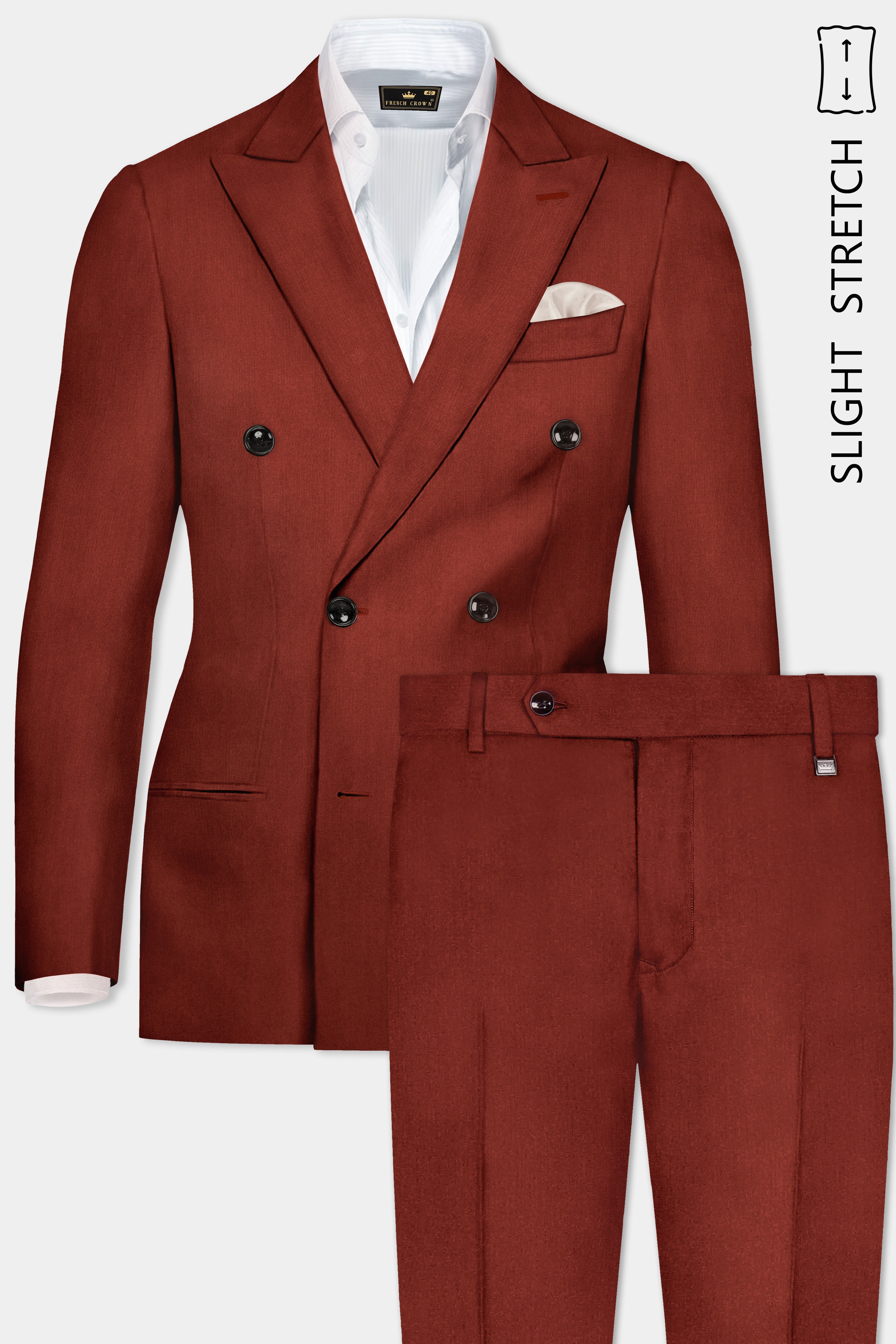 Inferno Rust-Brick Red Solid Wool Rich Double Breasted Slight Stretch Suit