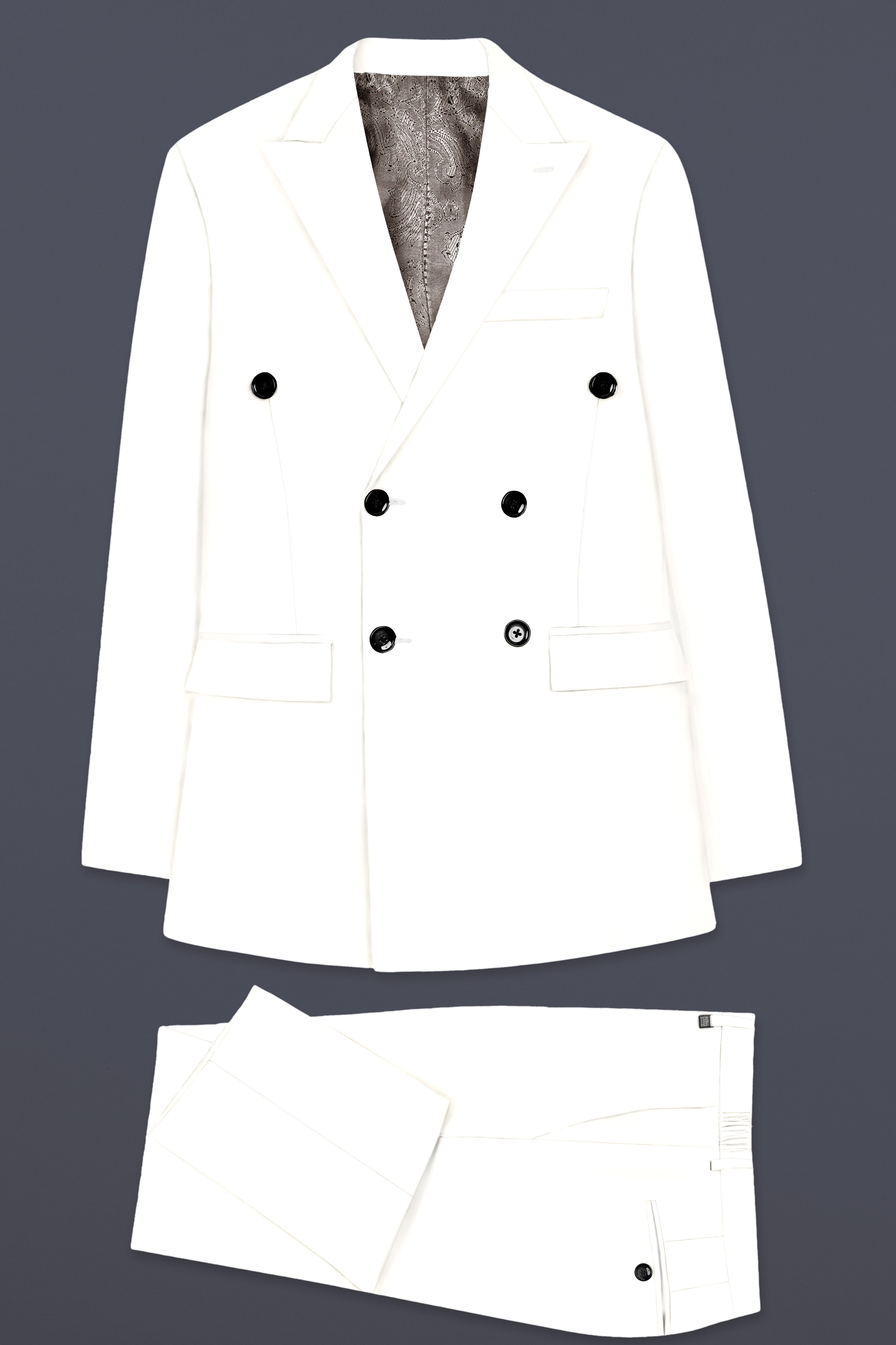 Off White Solid Wool Rich Double Breasted Slight Stretch Suit