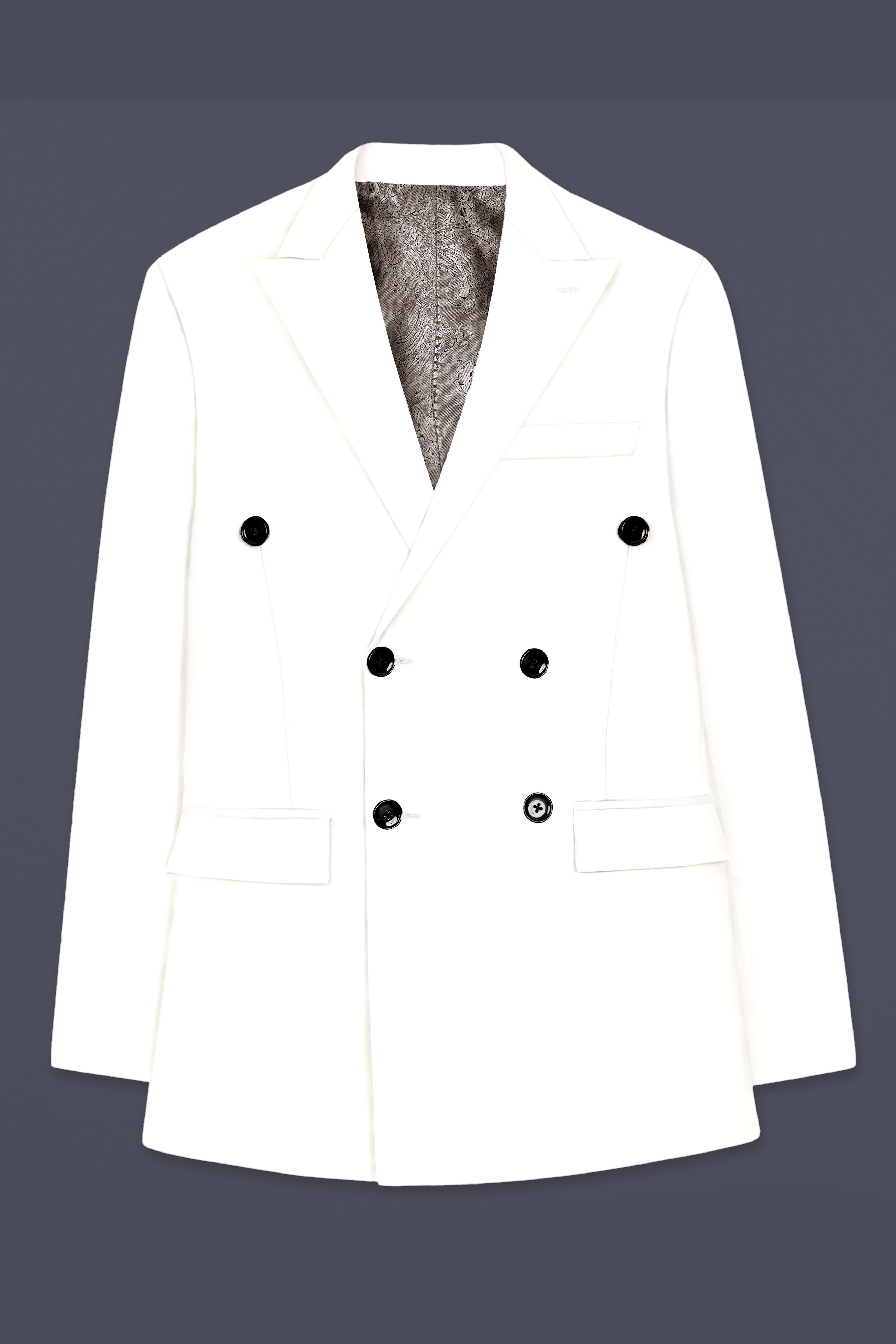 Off White Solid Wool Rich Double Breasted Slight Stretch Suit