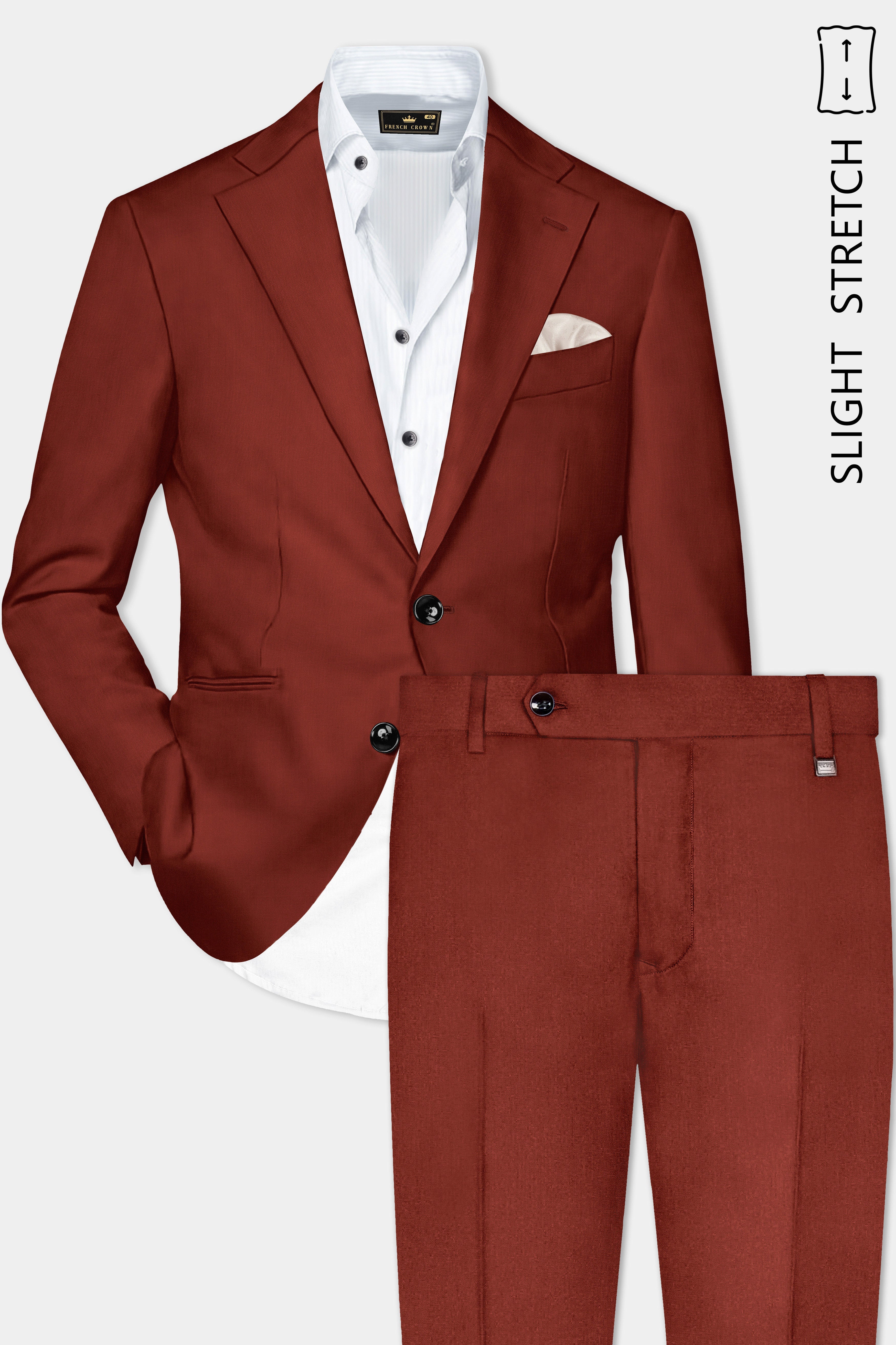 Inferno Rust-Brick Red Solid Wool Rich Single Breasted Slight Stretch Suit