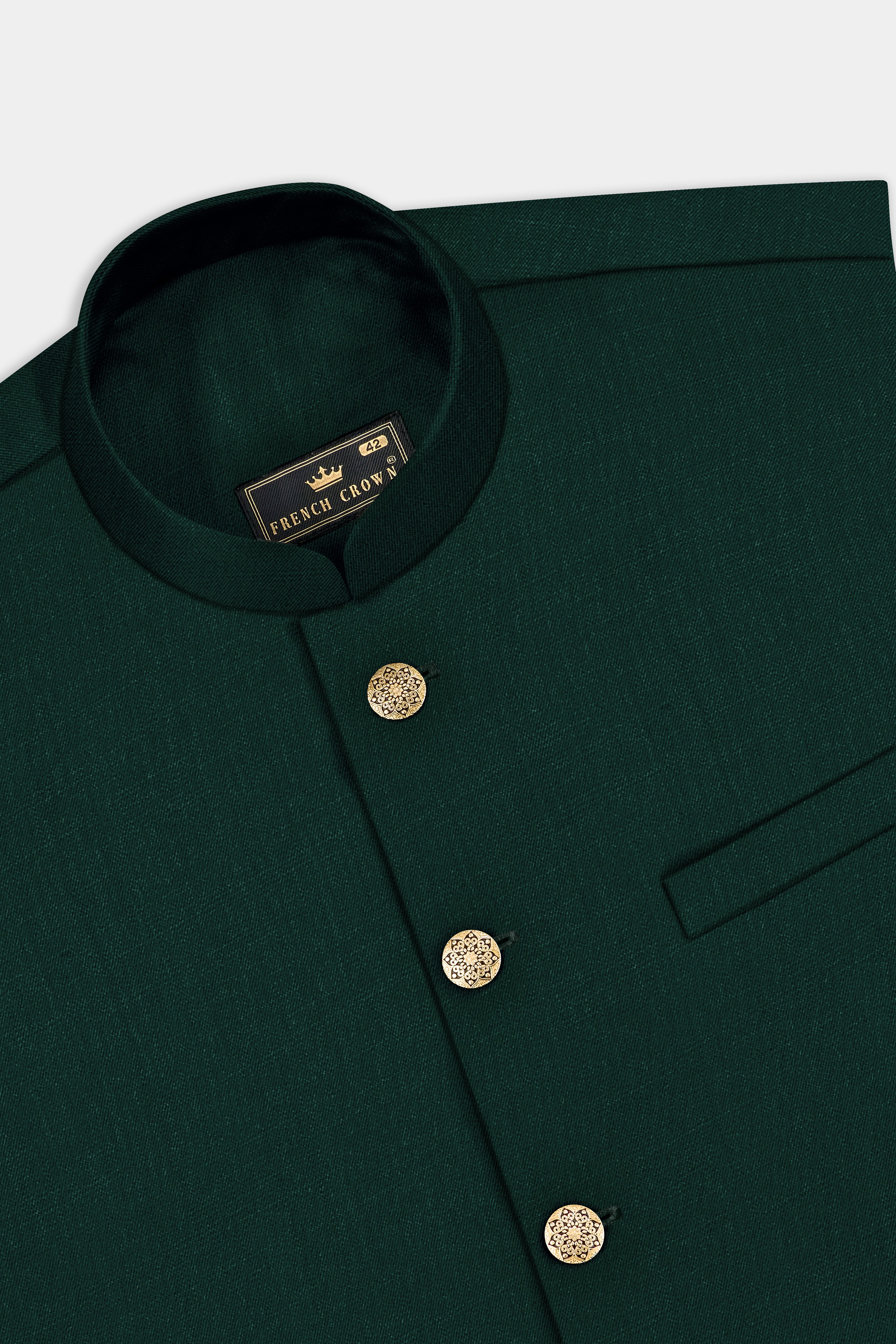 Emerald-Zucchini Green Solid Wool Rich Bandhgala Slight Stretch Suit