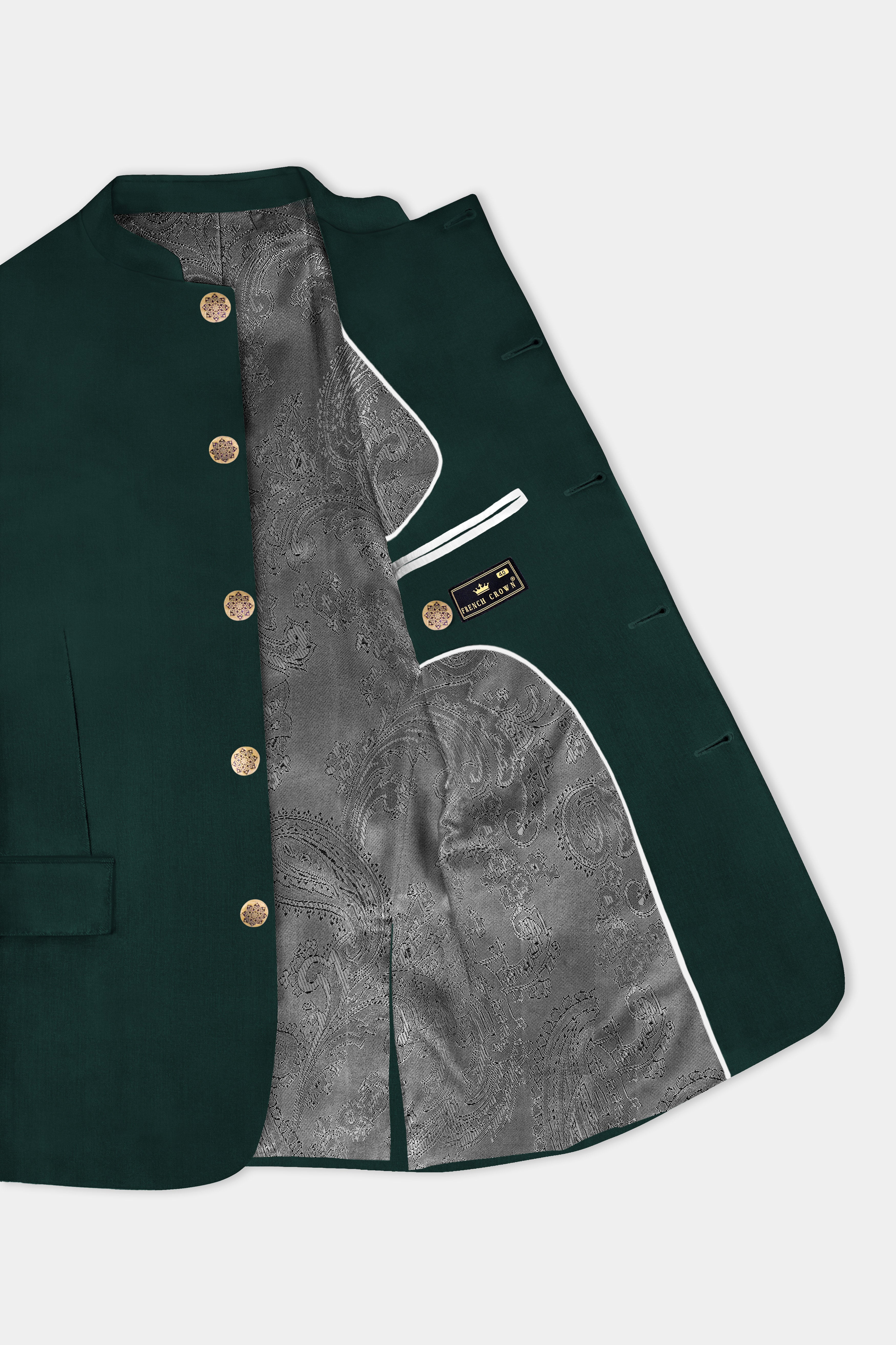 Emerald-Zucchini Green Solid Wool Rich Bandhgala Slight Stretch Suit