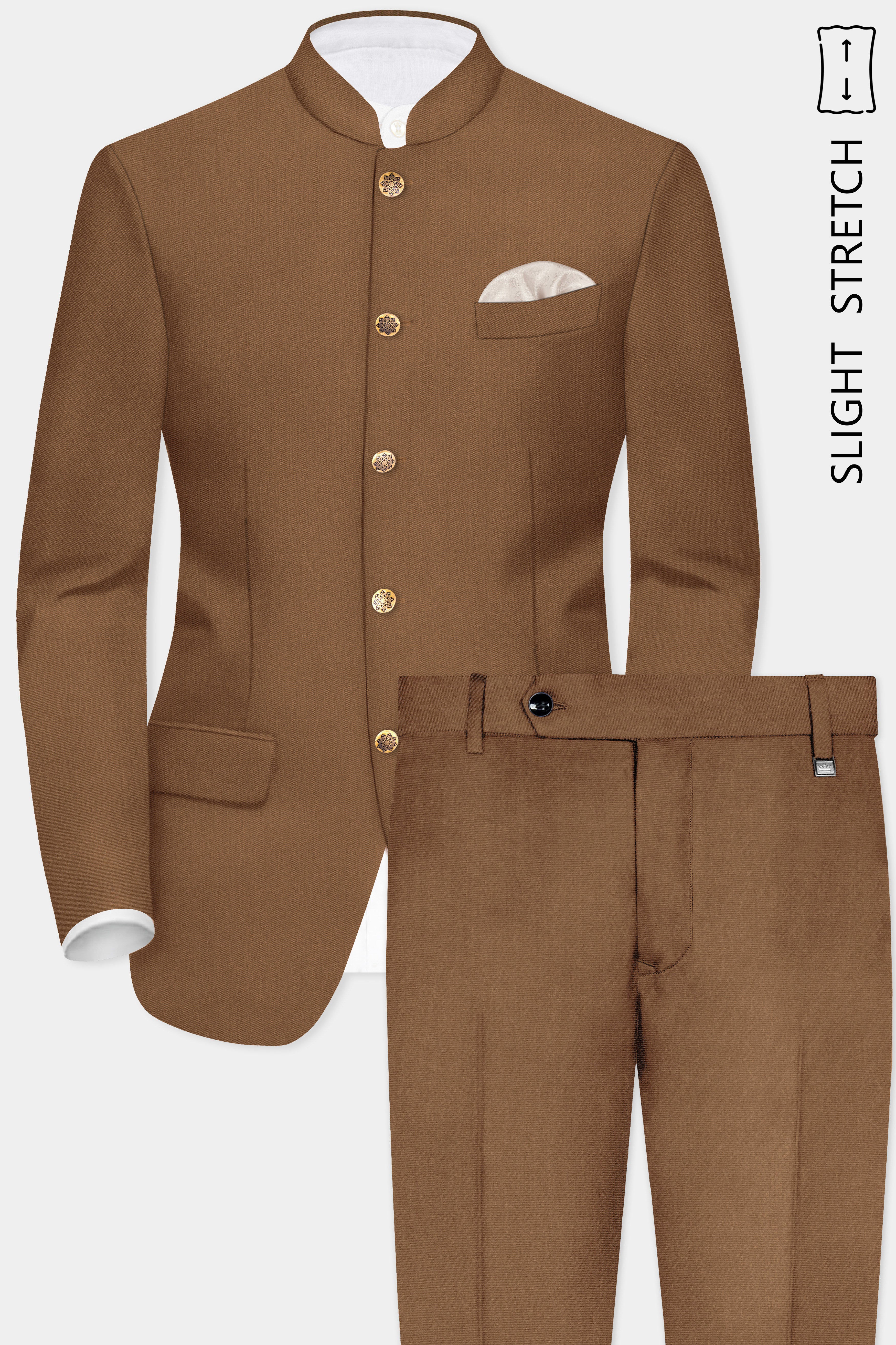 Bronze-Tawny Brown Solid Wool Rich Bandhgala Slight Stretch Suit