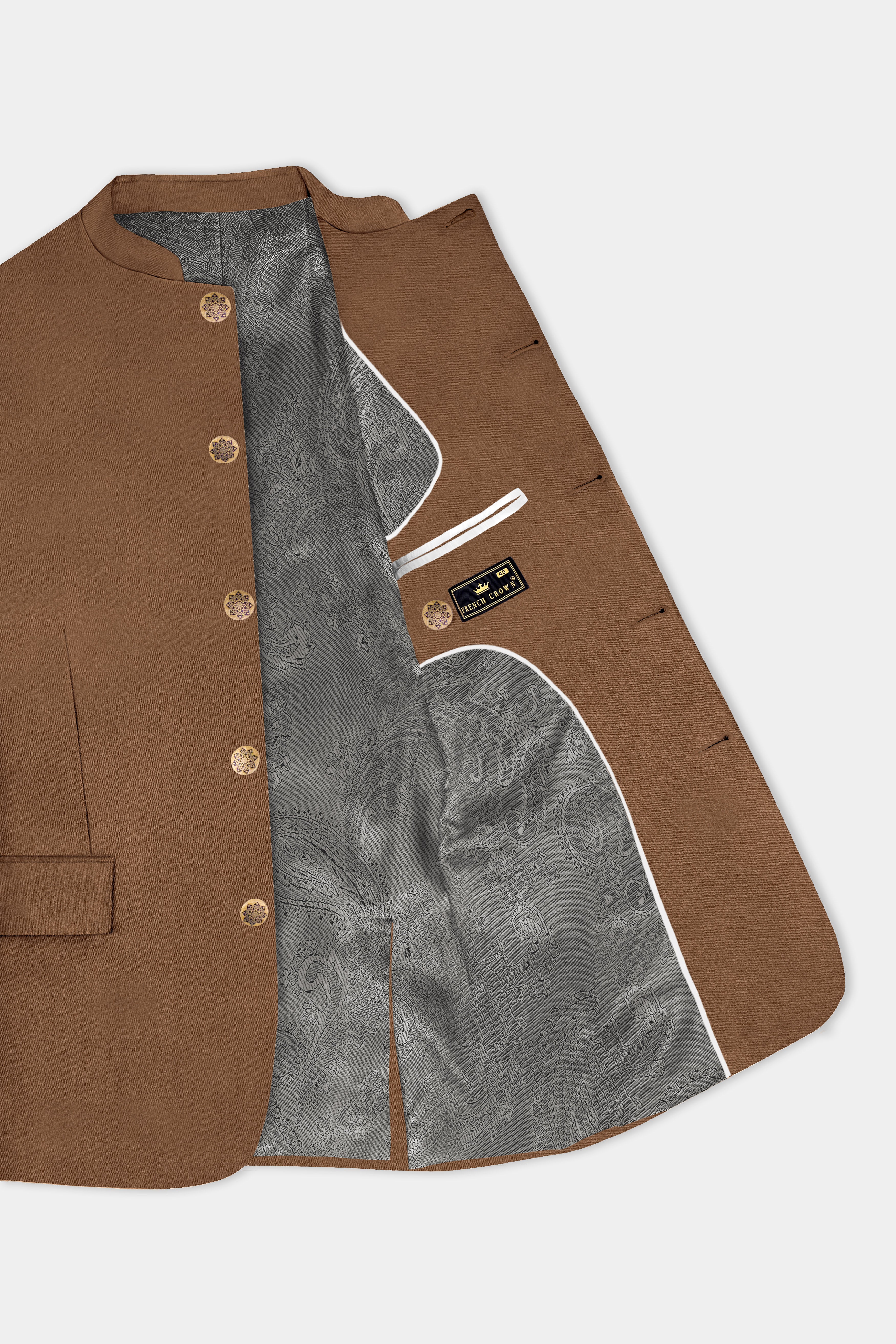 Bronze-Tawny Brown Solid Wool Rich Bandhgala Slight Stretch Suit