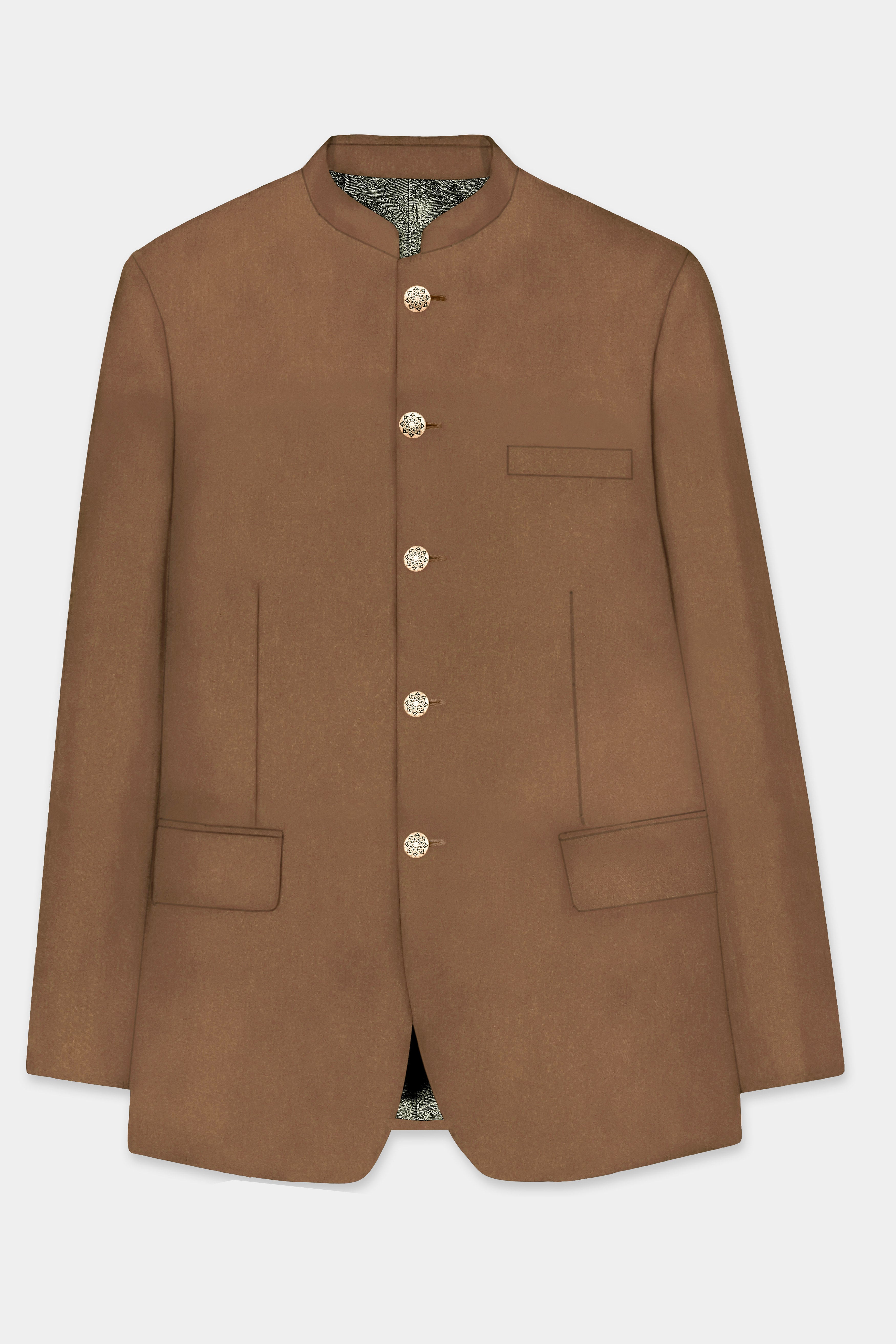 Bronze-Tawny Brown Solid Wool Rich Bandhgala Slight Stretch Suit