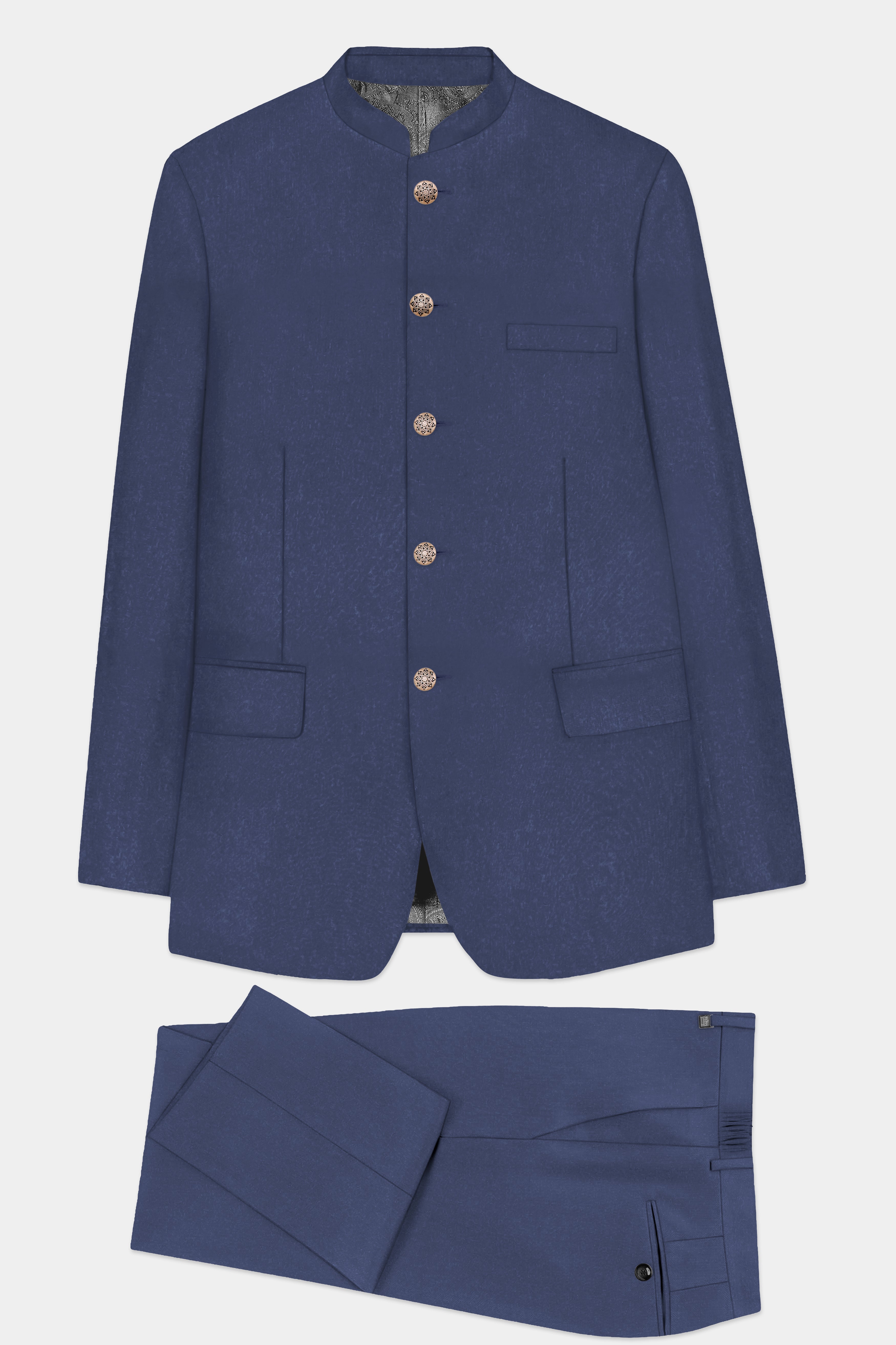 Sapphire-Glaucous Blue Solid Wool Rich Bandhgala Slight Stretch Suit