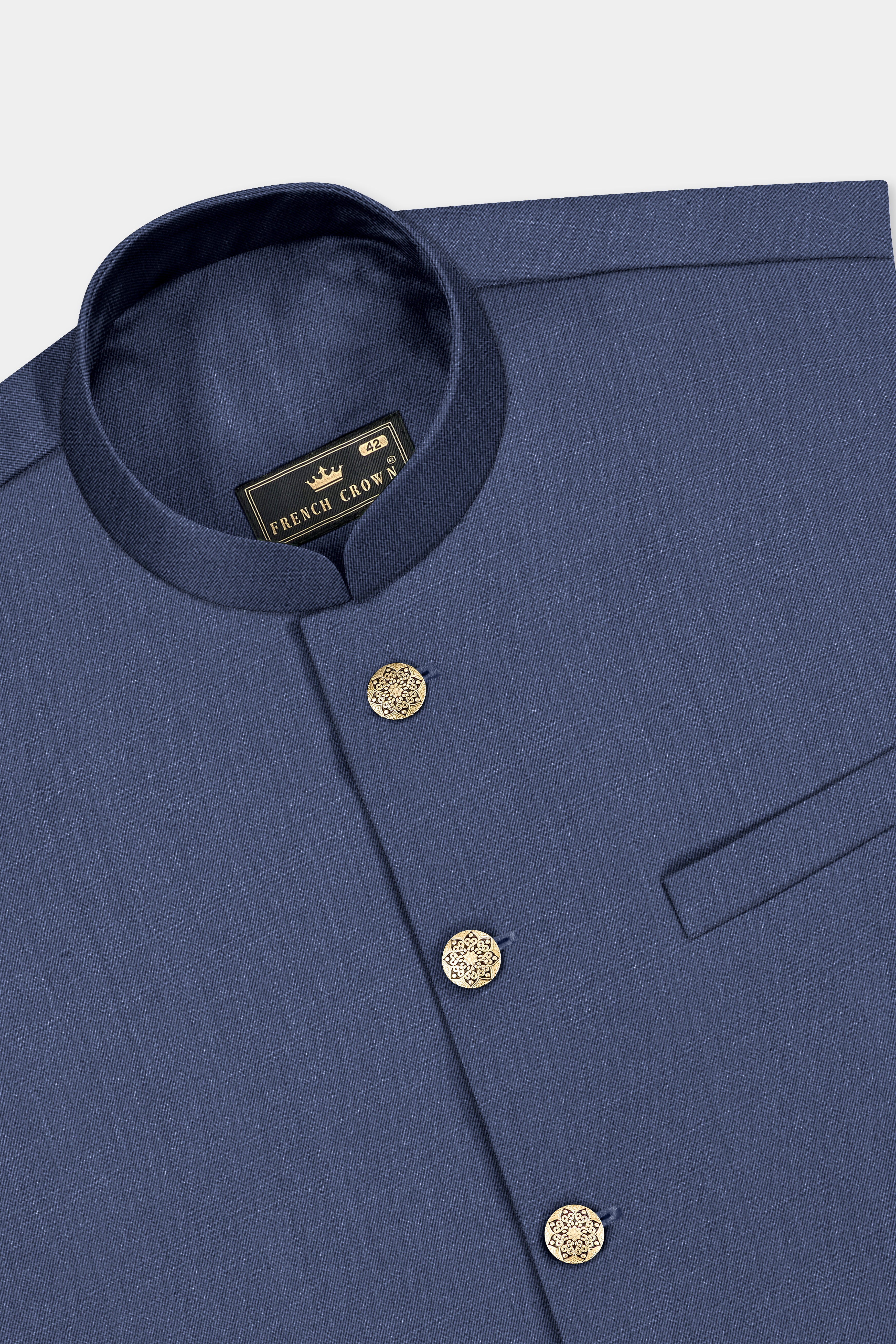 Sapphire-Glaucous Blue Solid Wool Rich Bandhgala Slight Stretch Suit