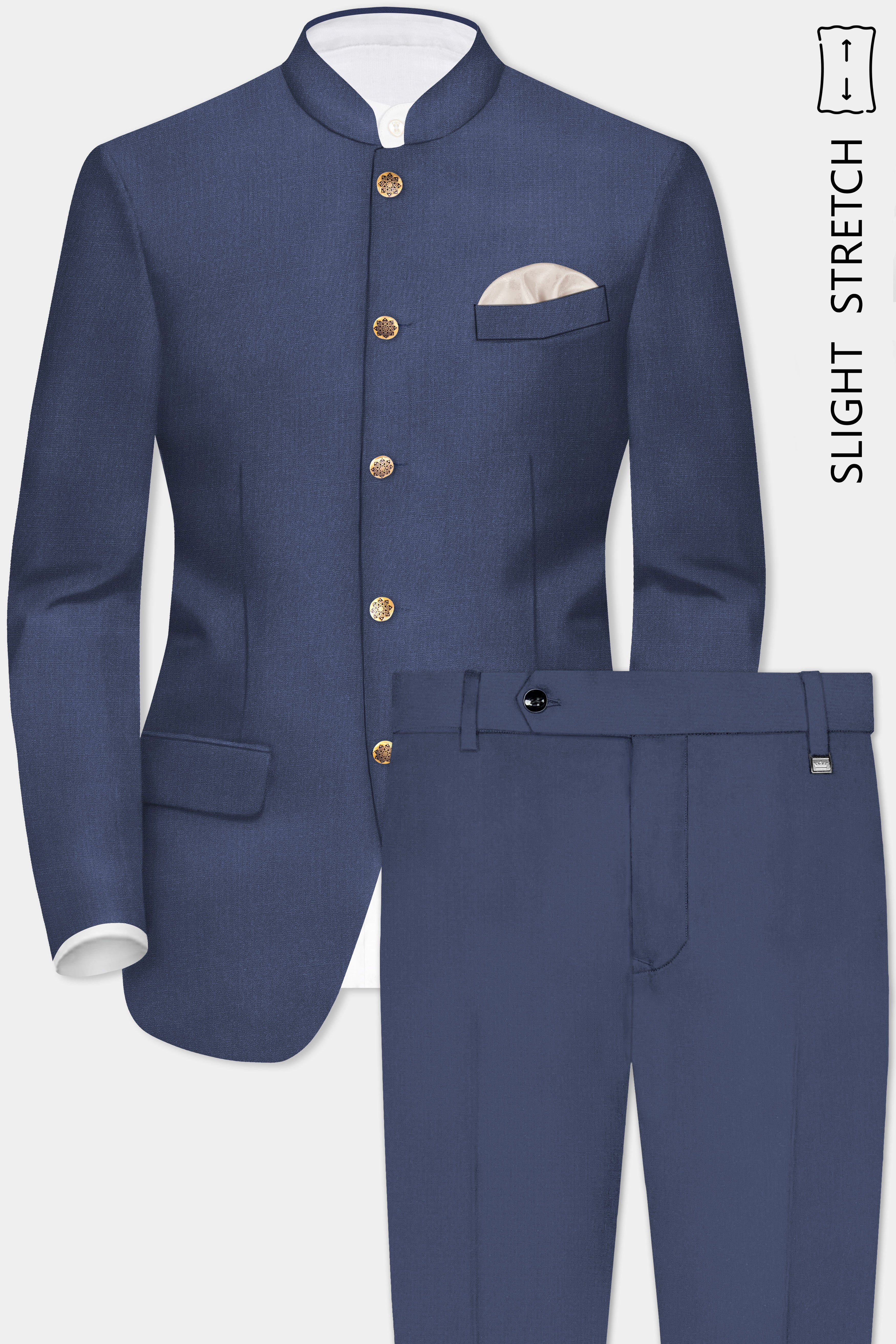 Sapphire-Glaucous Blue Solid Wool Rich Bandhgala Slight Stretch Suit