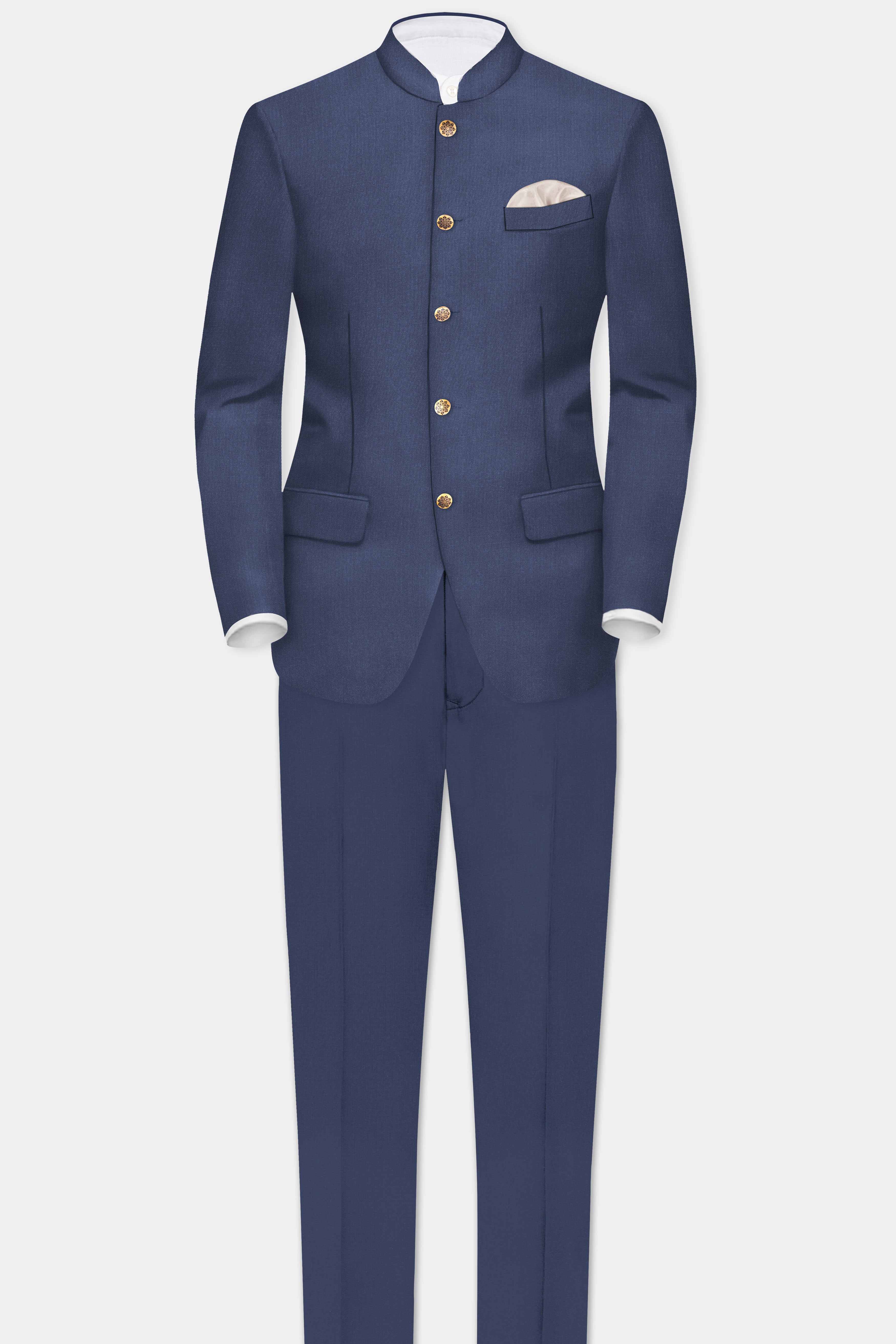 Sapphire-Glaucous Blue Solid Wool Rich Bandhgala Slight Stretch Suit