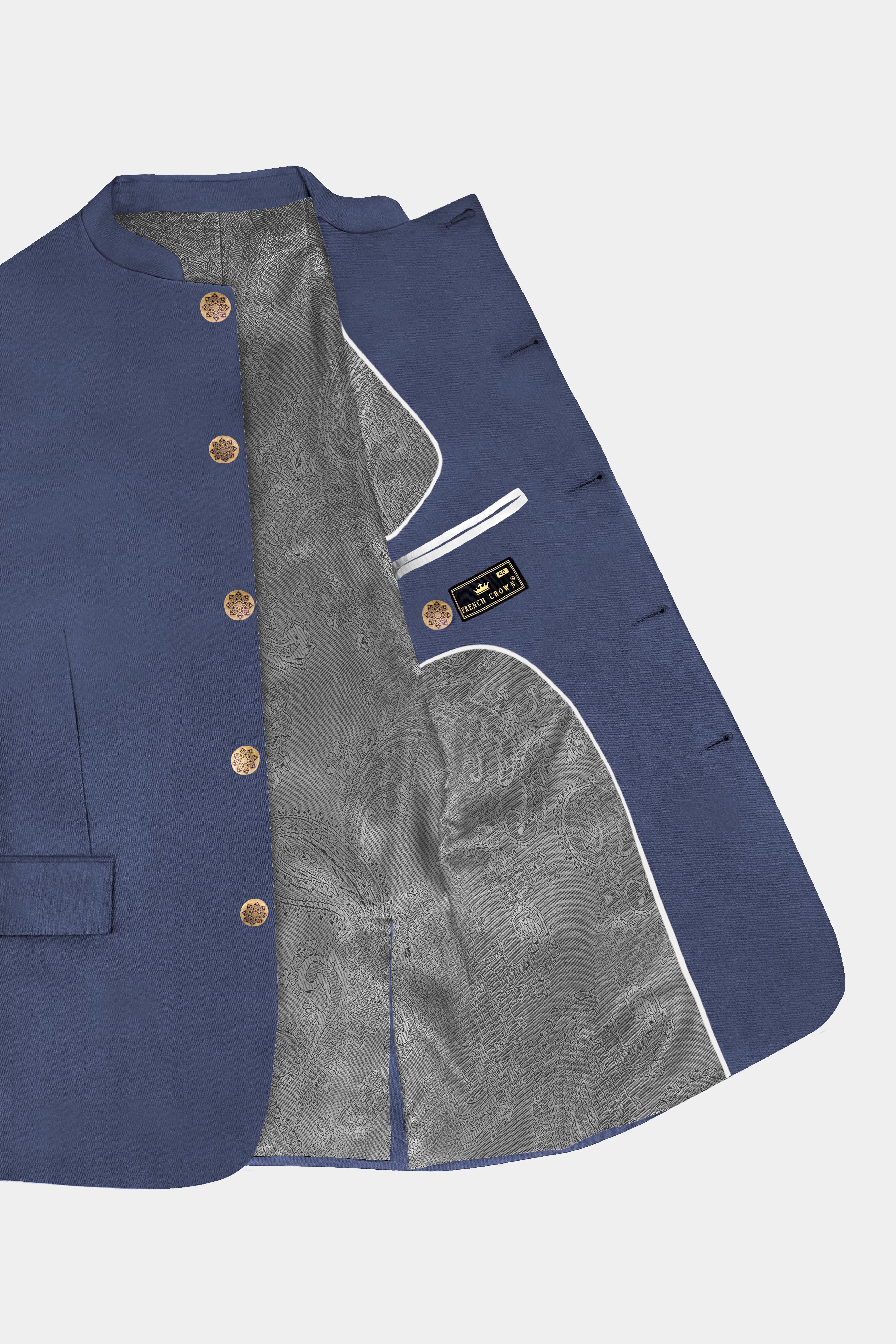 Sapphire-Glaucous Blue Solid Wool Rich Bandhgala Slight Stretch Suit