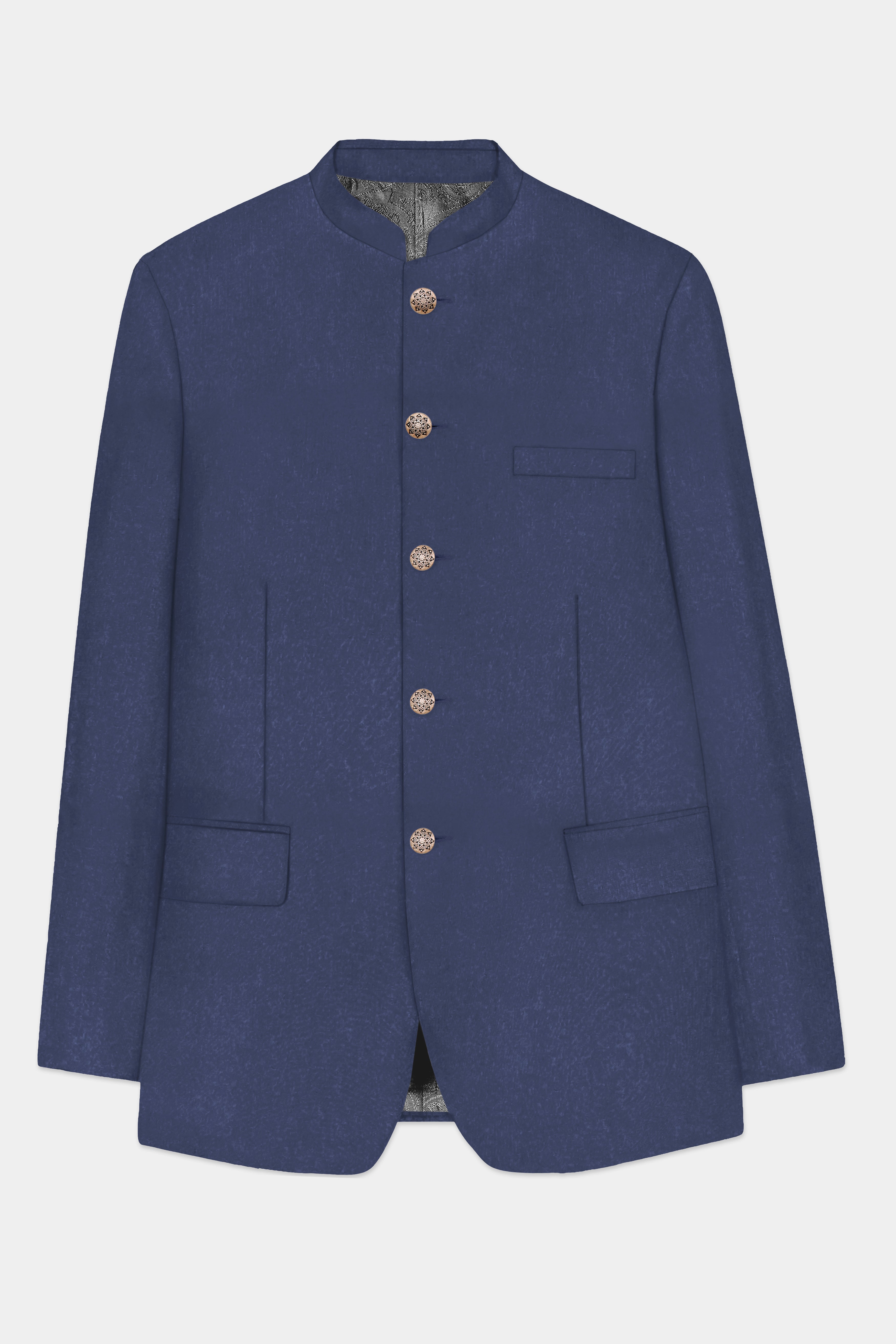Sapphire-Glaucous Blue Solid Wool Rich Bandhgala Slight Stretch Suit