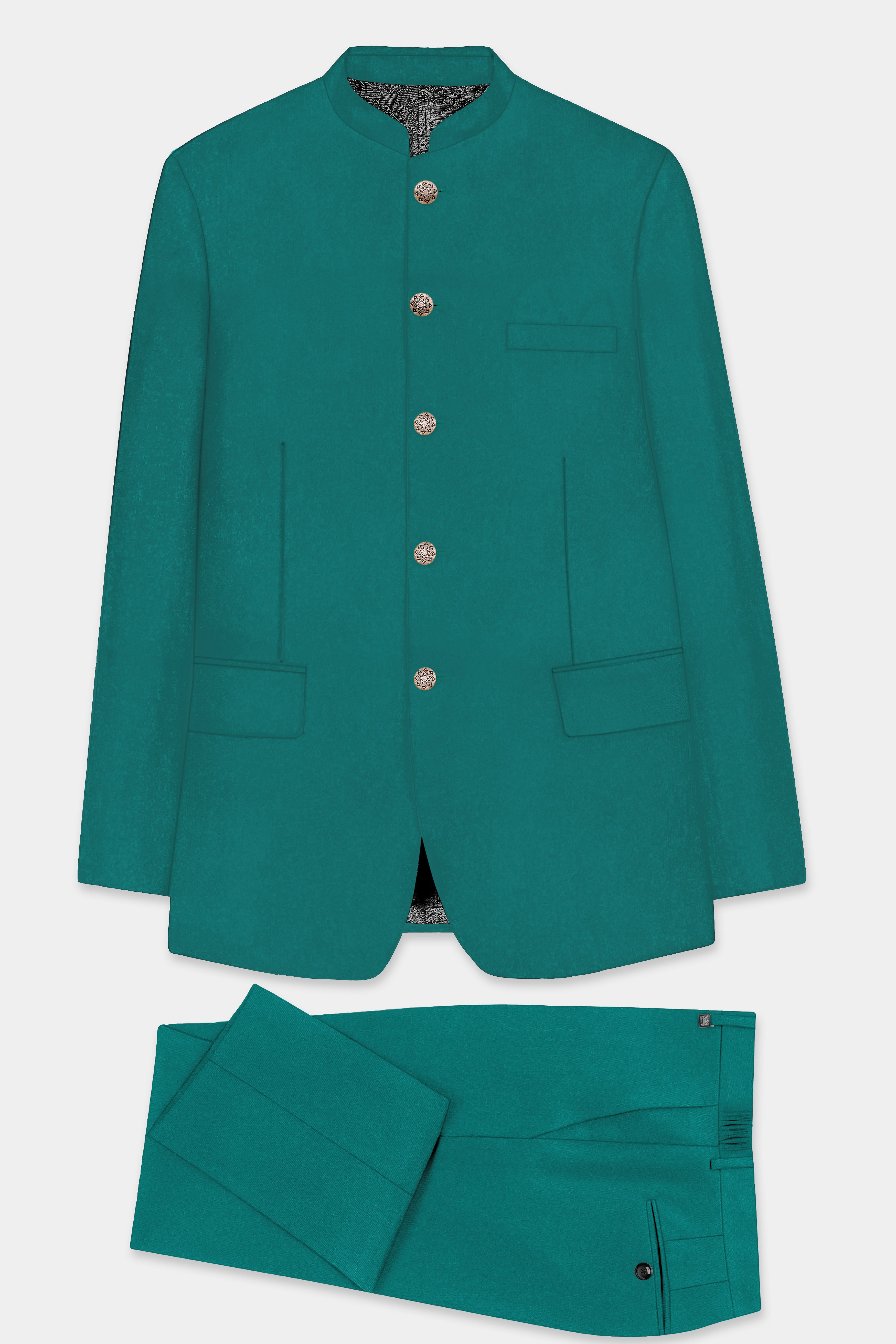 Verdant Classic-Surfie Green Solid Wool Rich Bandhgala Slight Stretch Suit