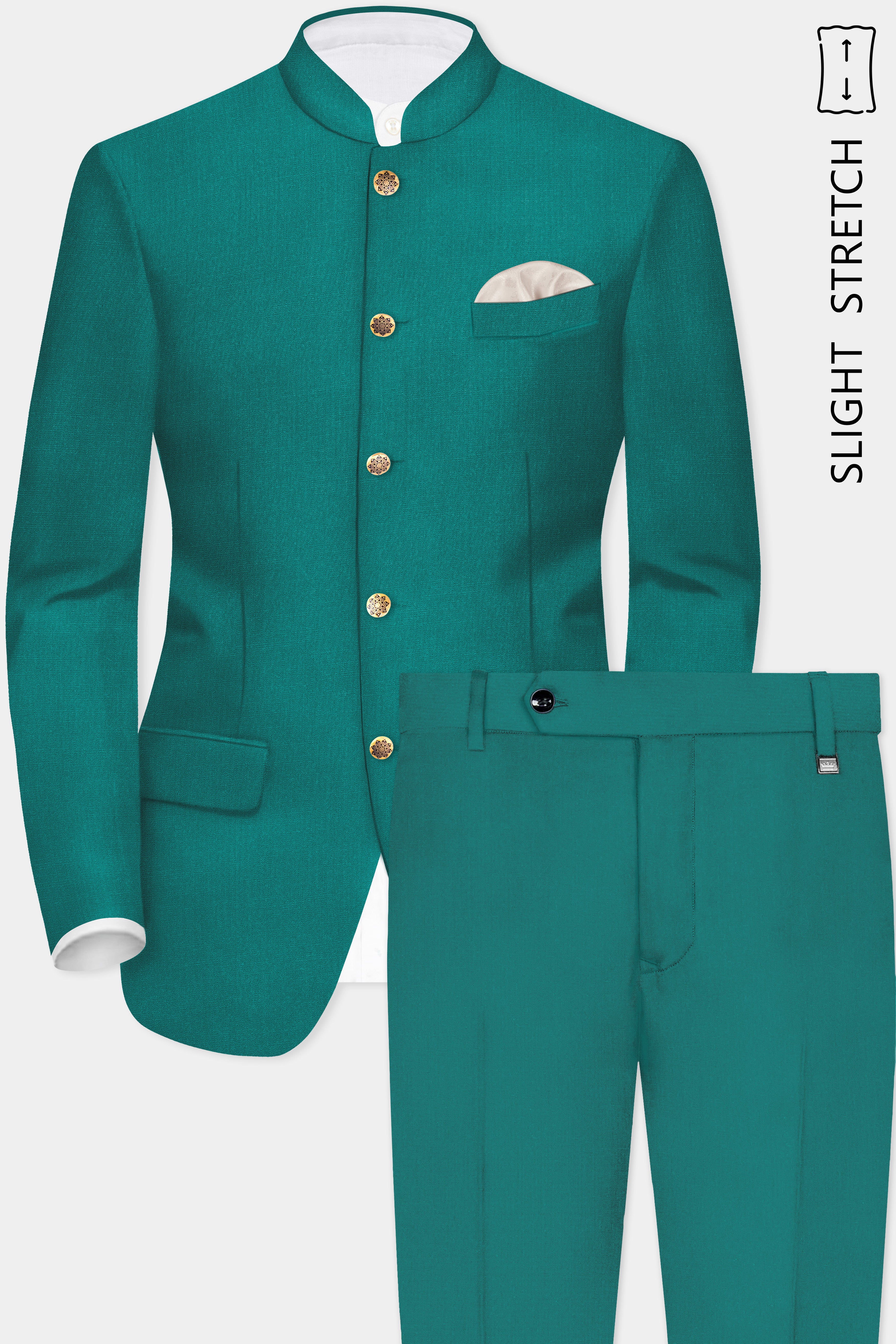Verdant Classic-Surfie Green Solid Wool Rich Bandhgala Slight Stretch Suit