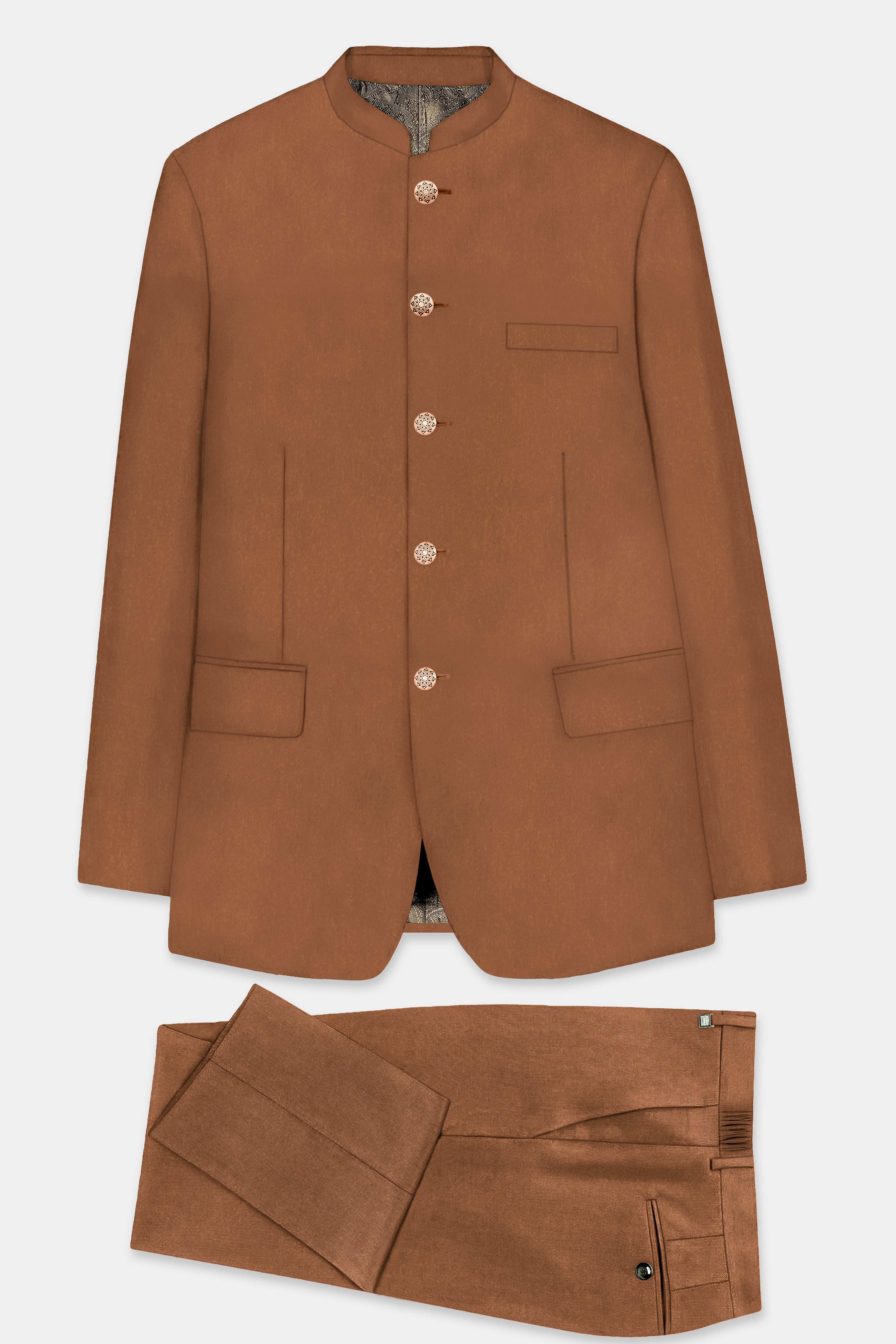 Cinnamon Oak-Sienna Brown Solid Wool Rich Bandhgala Slight Stretch Suit