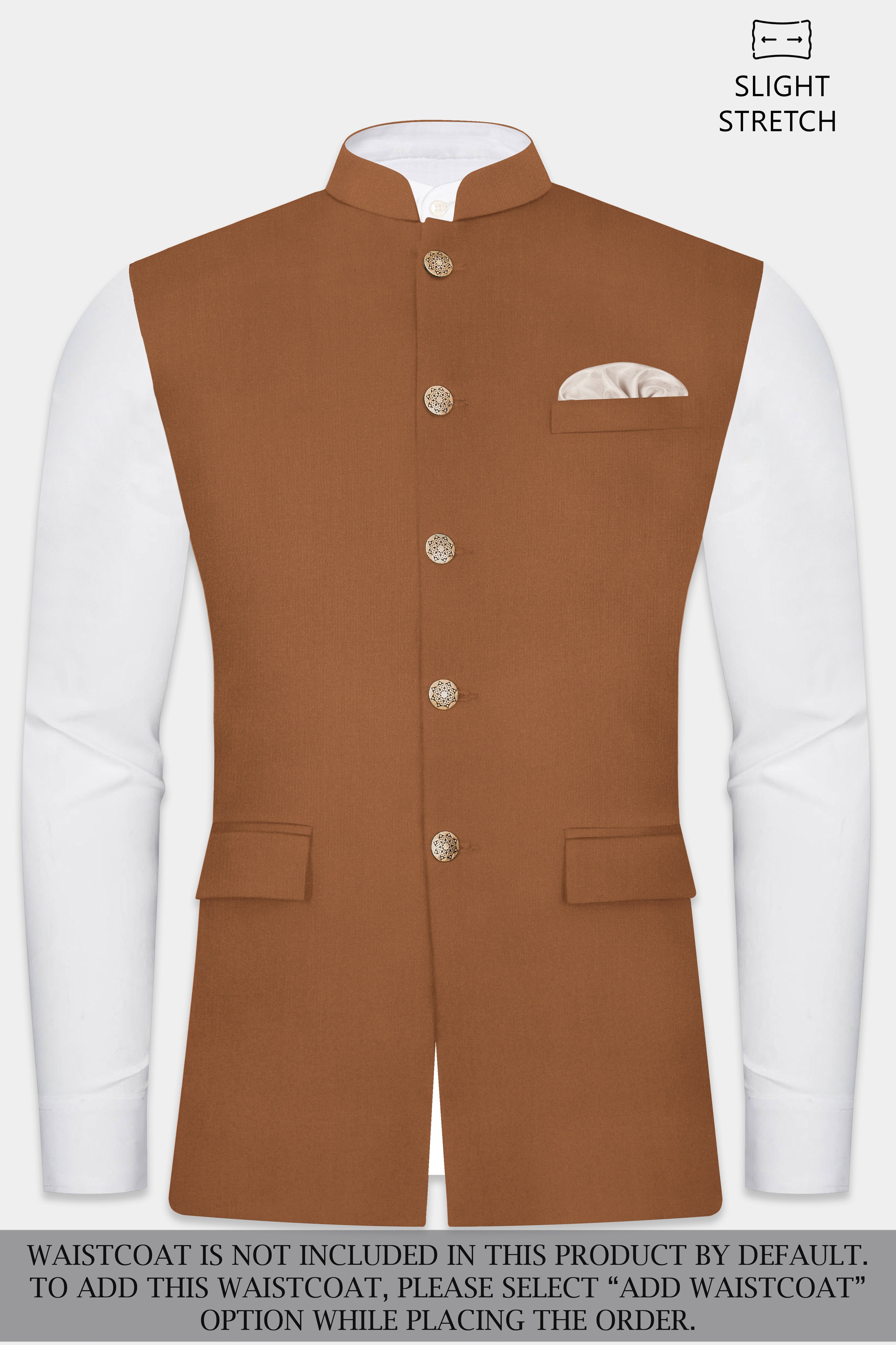 Cinnamon Oak-Sienna Brown Solid Wool Rich Bandhgala Slight Stretch Suit