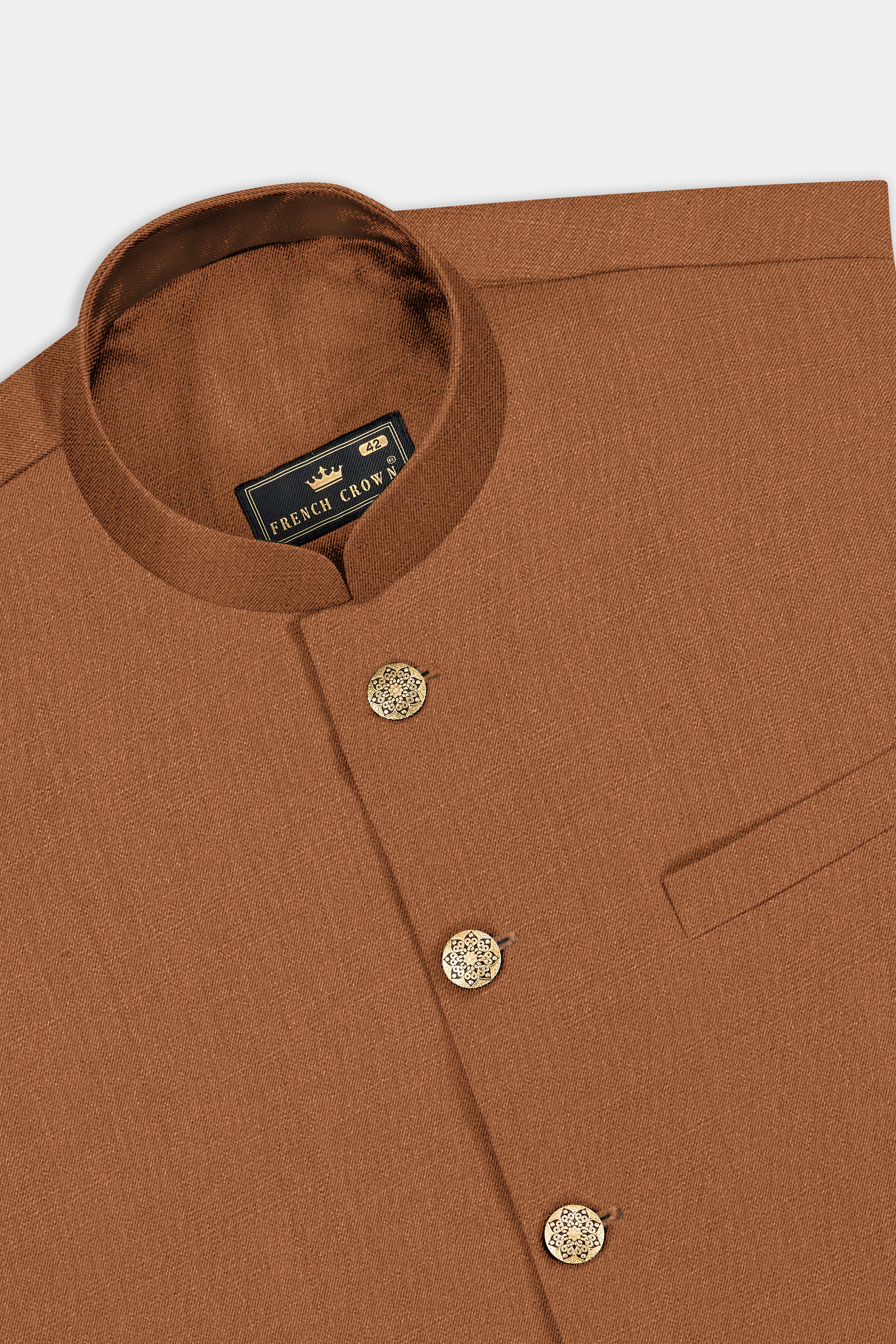 Cinnamon Oak-Sienna Brown Solid Wool Rich Bandhgala Slight Stretch Suit