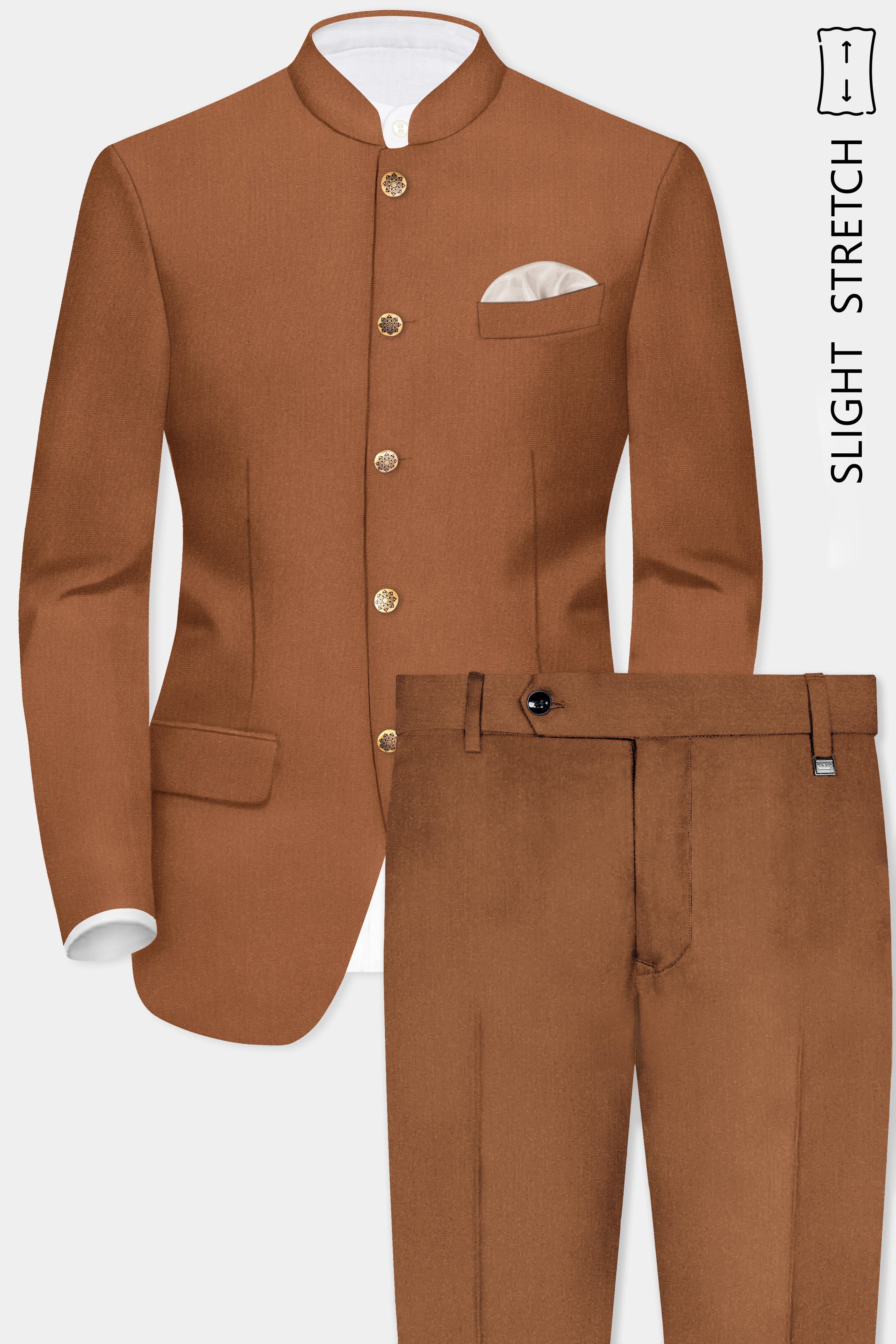Cinnamon Oak-Sienna Brown Solid Wool Rich Bandhgala Slight Stretch Suit