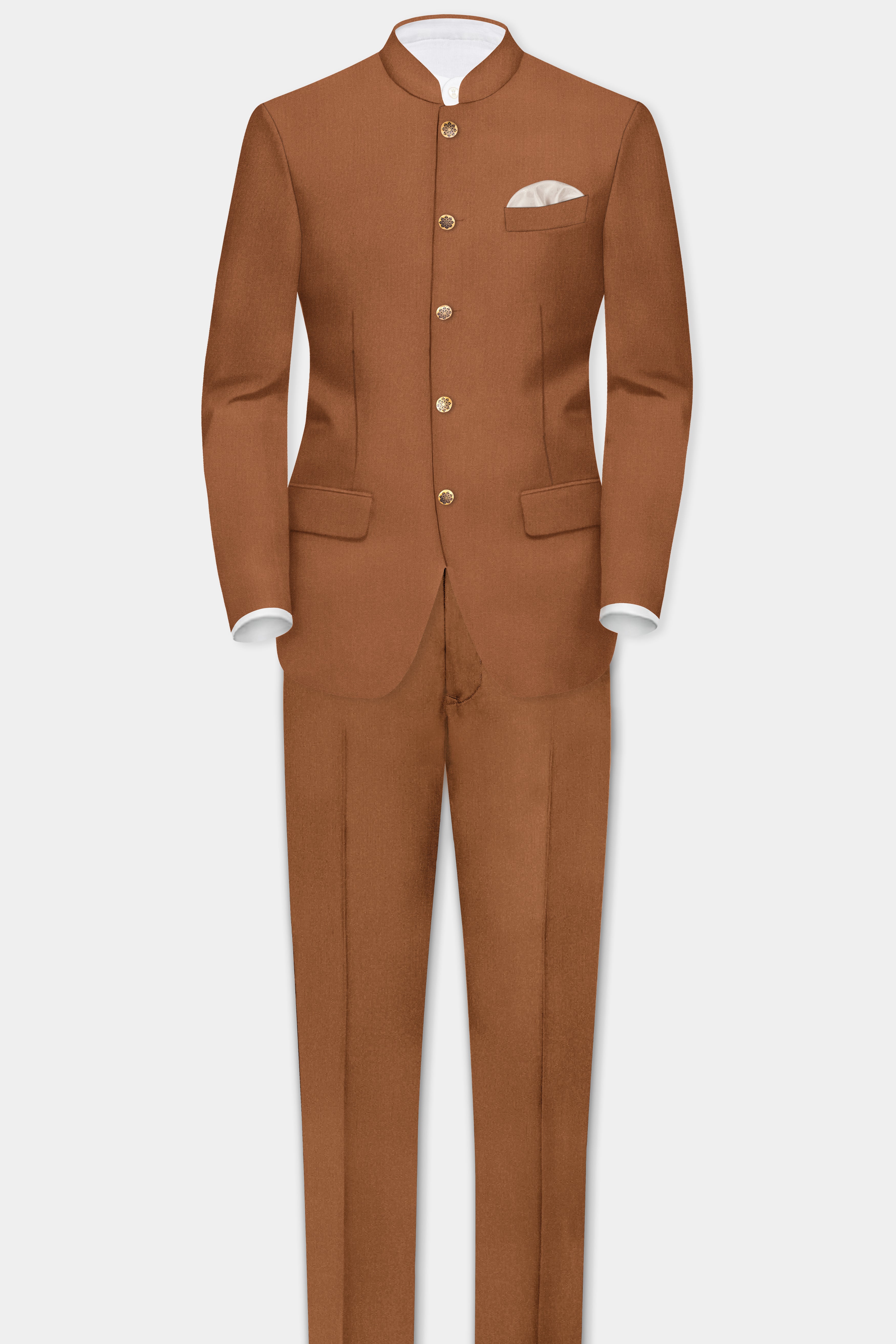 Cinnamon Oak-Sienna Brown Solid Wool Rich Bandhgala Slight Stretch Suit