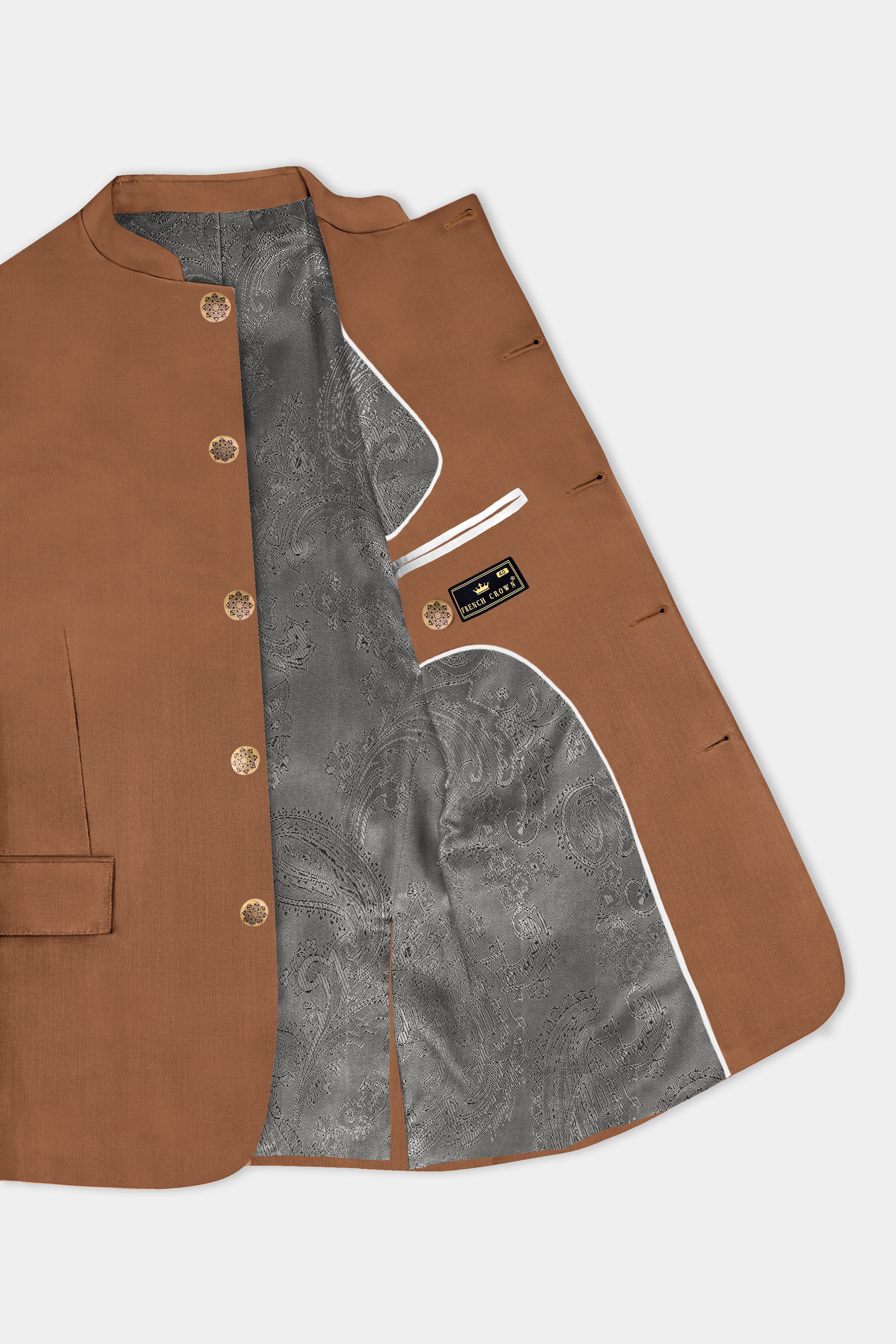 Cinnamon Oak-Sienna Brown Solid Wool Rich Bandhgala Slight Stretch Suit