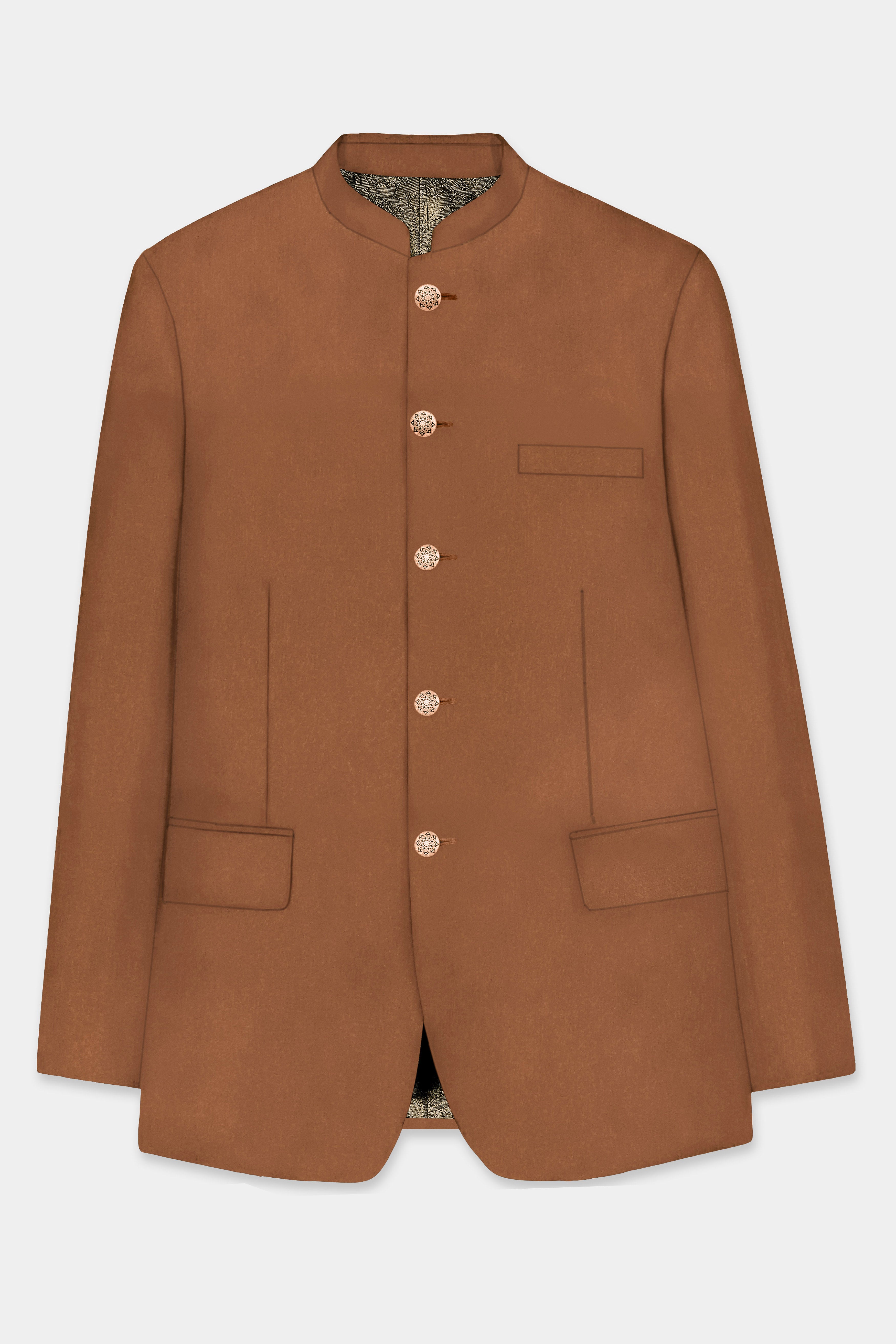Cinnamon Oak-Sienna Brown Solid Wool Rich Bandhgala Slight Stretch Suit