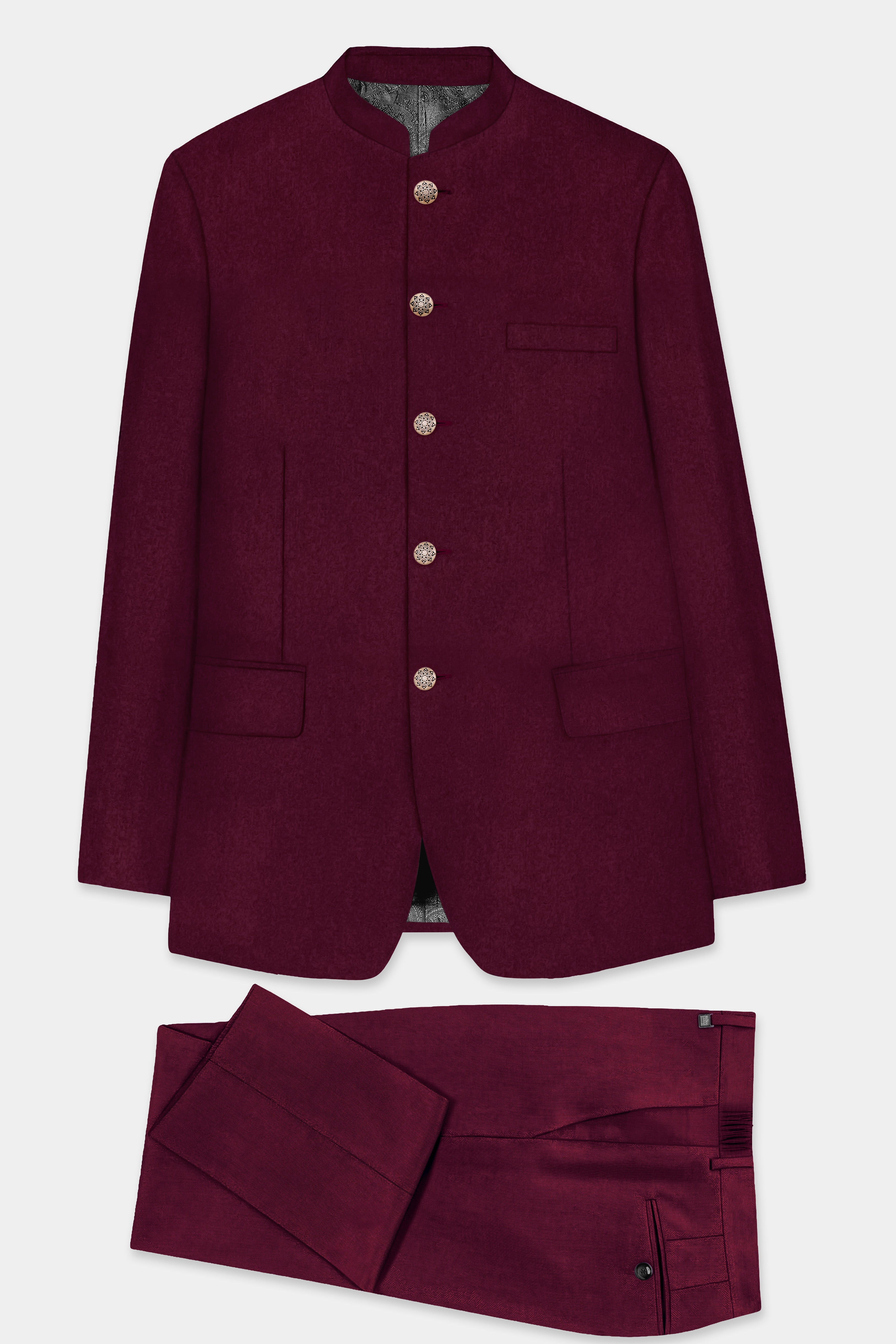 Regal Maroon-Tamarind Solid Wool Rich Bandhgala Slight Stretch Suit