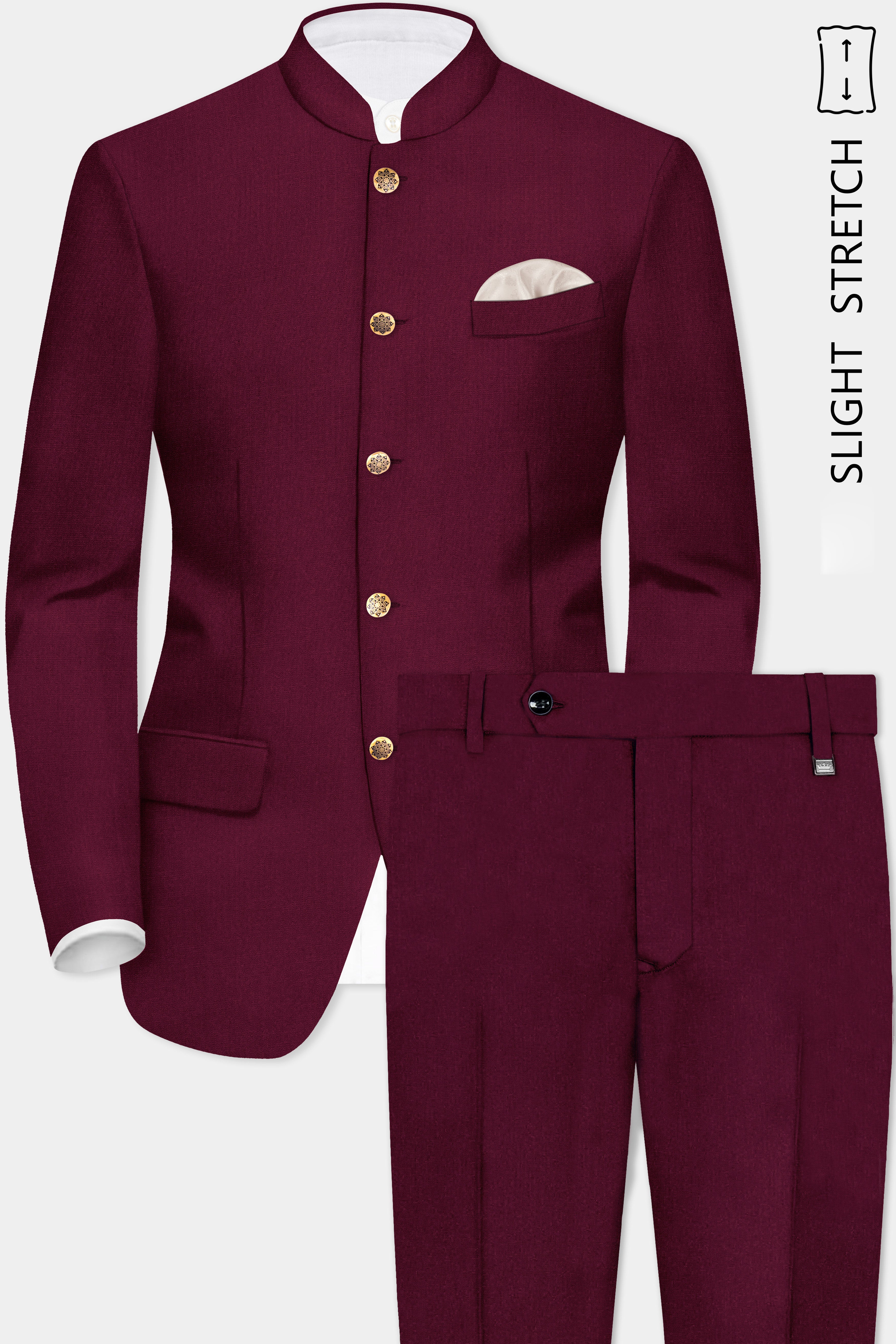 Regal Maroon-Tamarind Solid Wool Rich Bandhgala Slight Stretch Suit
