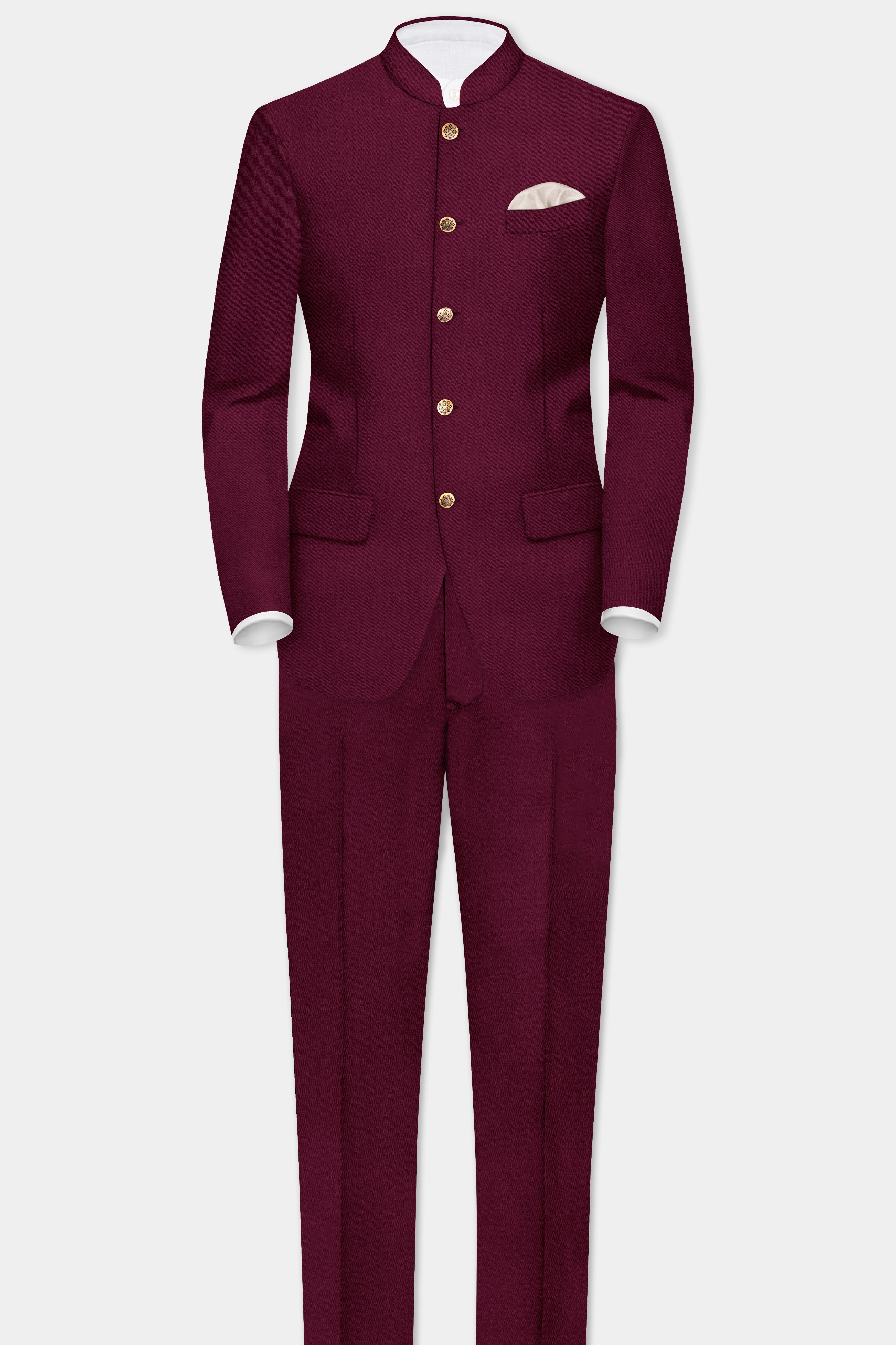 Regal Maroon-Tamarind Solid Wool Rich Bandhgala Slight Stretch Suit