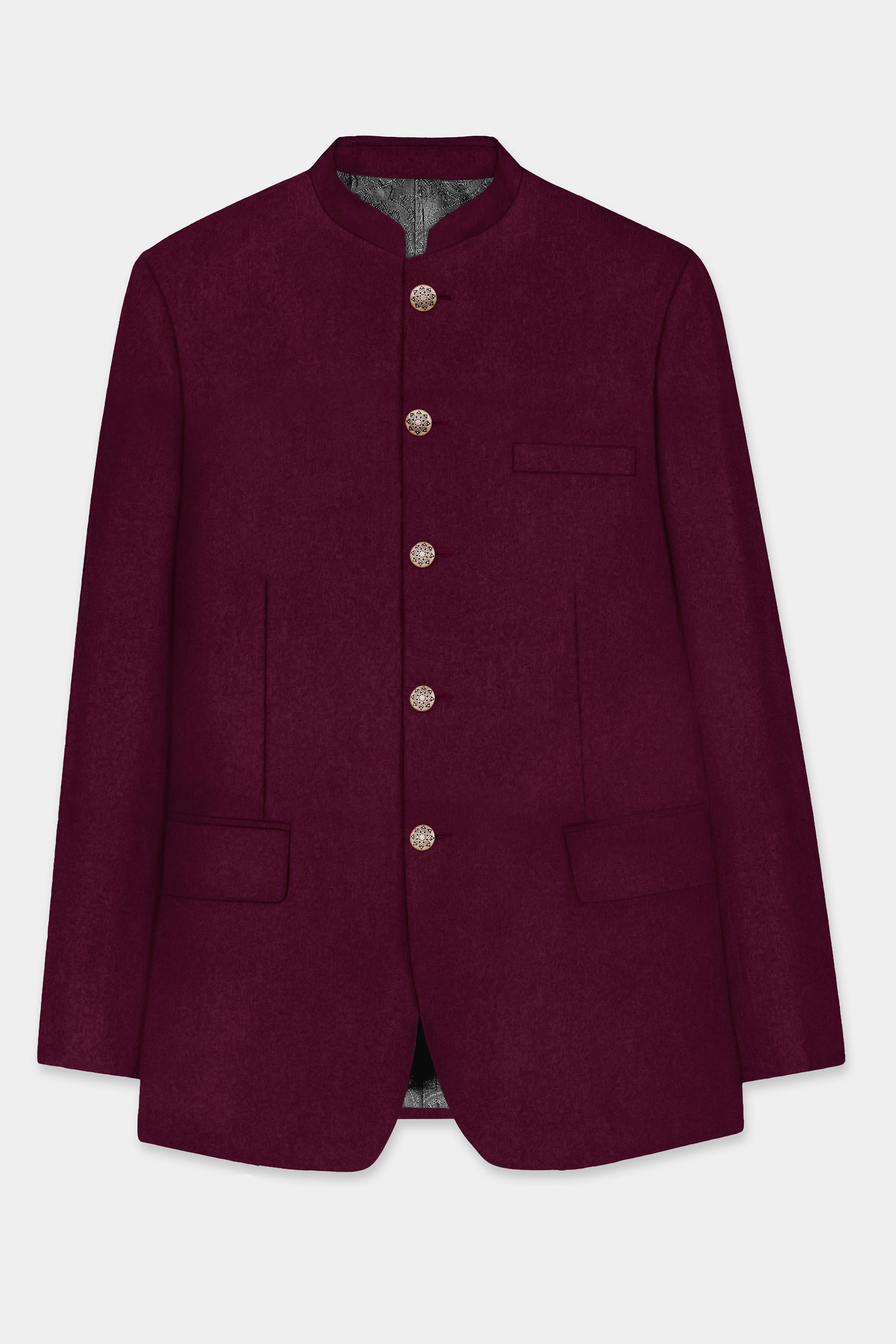 Regal Maroon-Tamarind Solid Wool Rich Bandhgala Slight Stretch Suit
