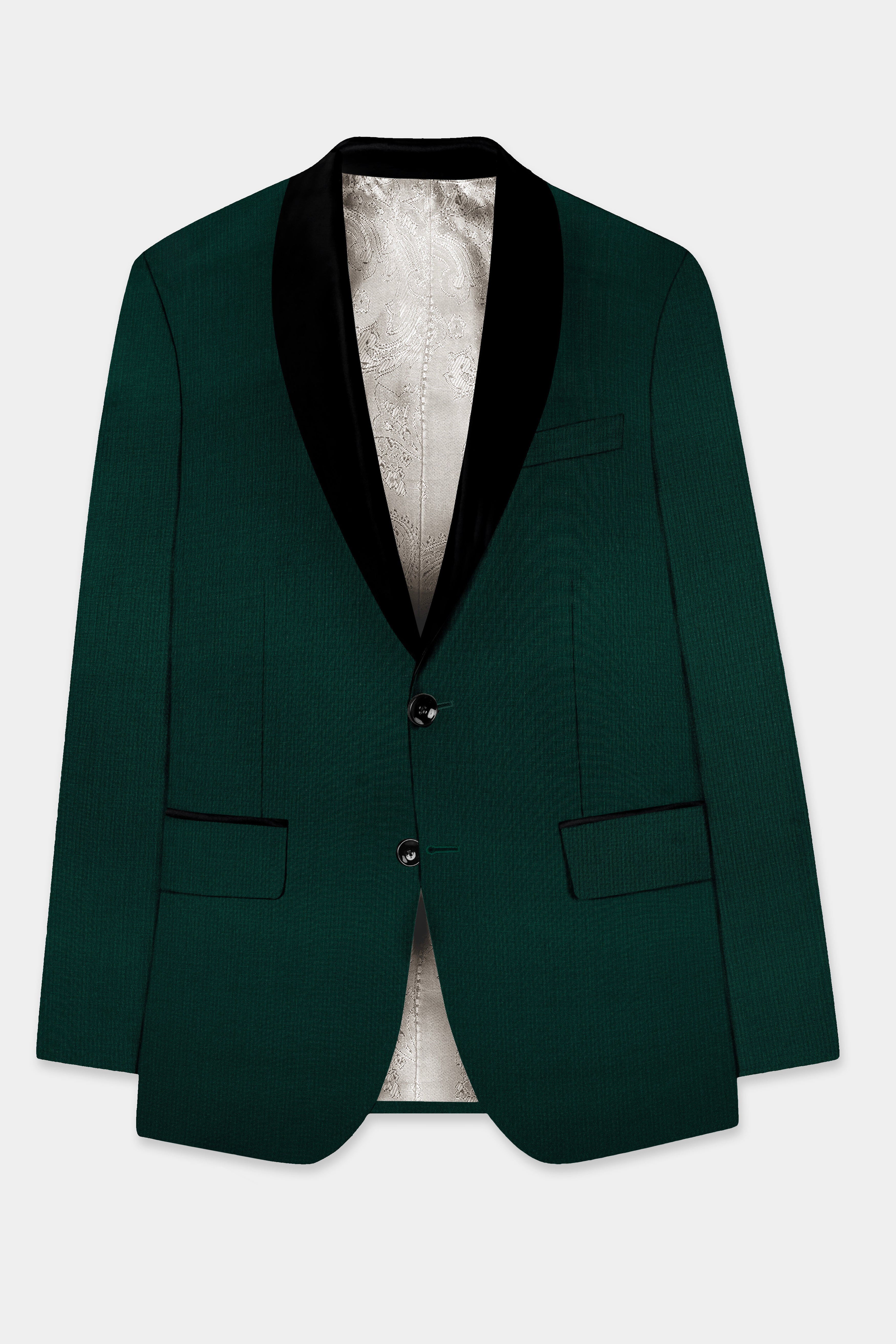Emerald-Zucchini Green Solid Wool Rich Tuxedo Slight Stretch Suit