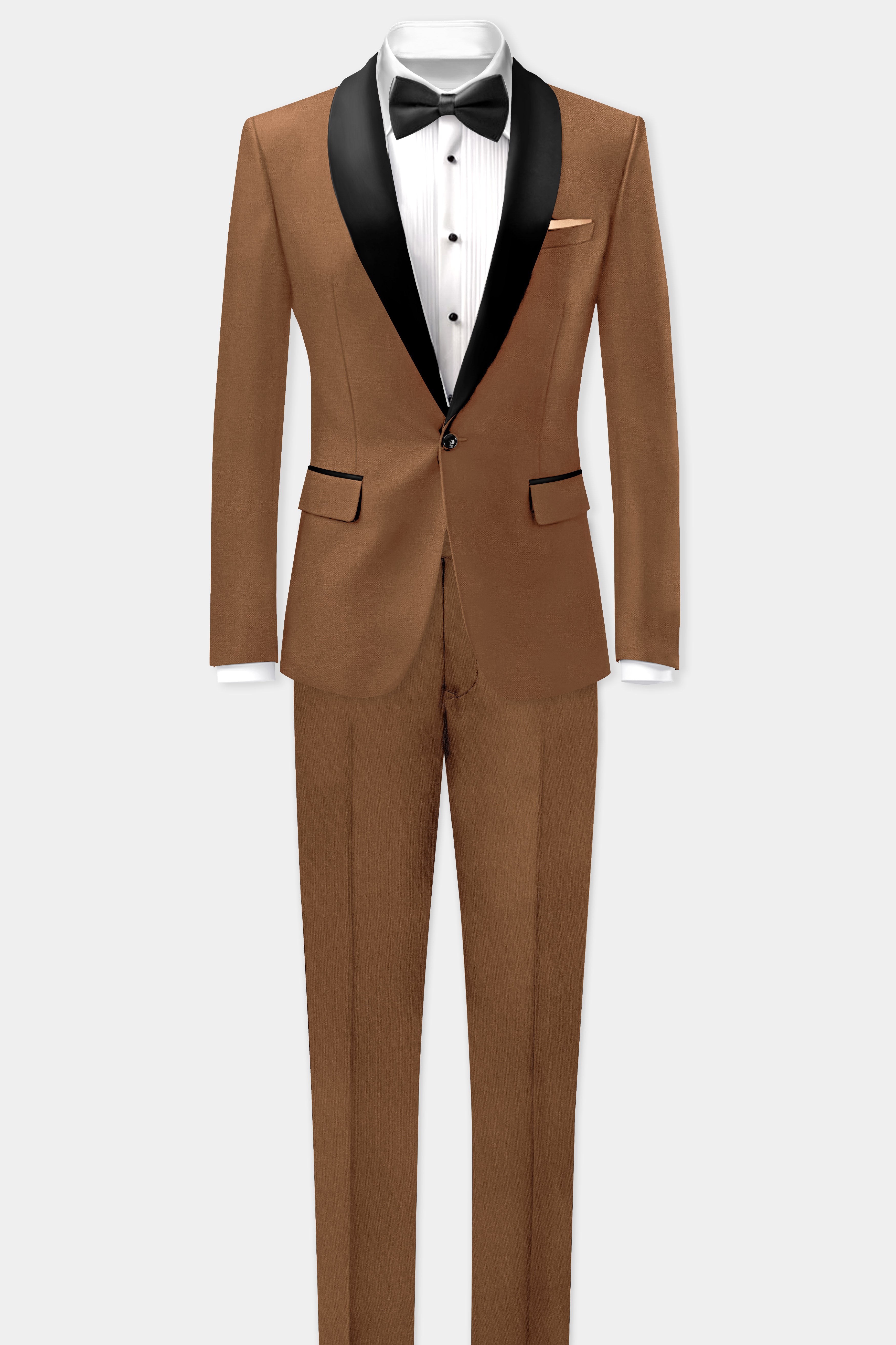 Bronze-Tawny Brown Solid Wool Rich Tuxedo Slight Stretch Suit
