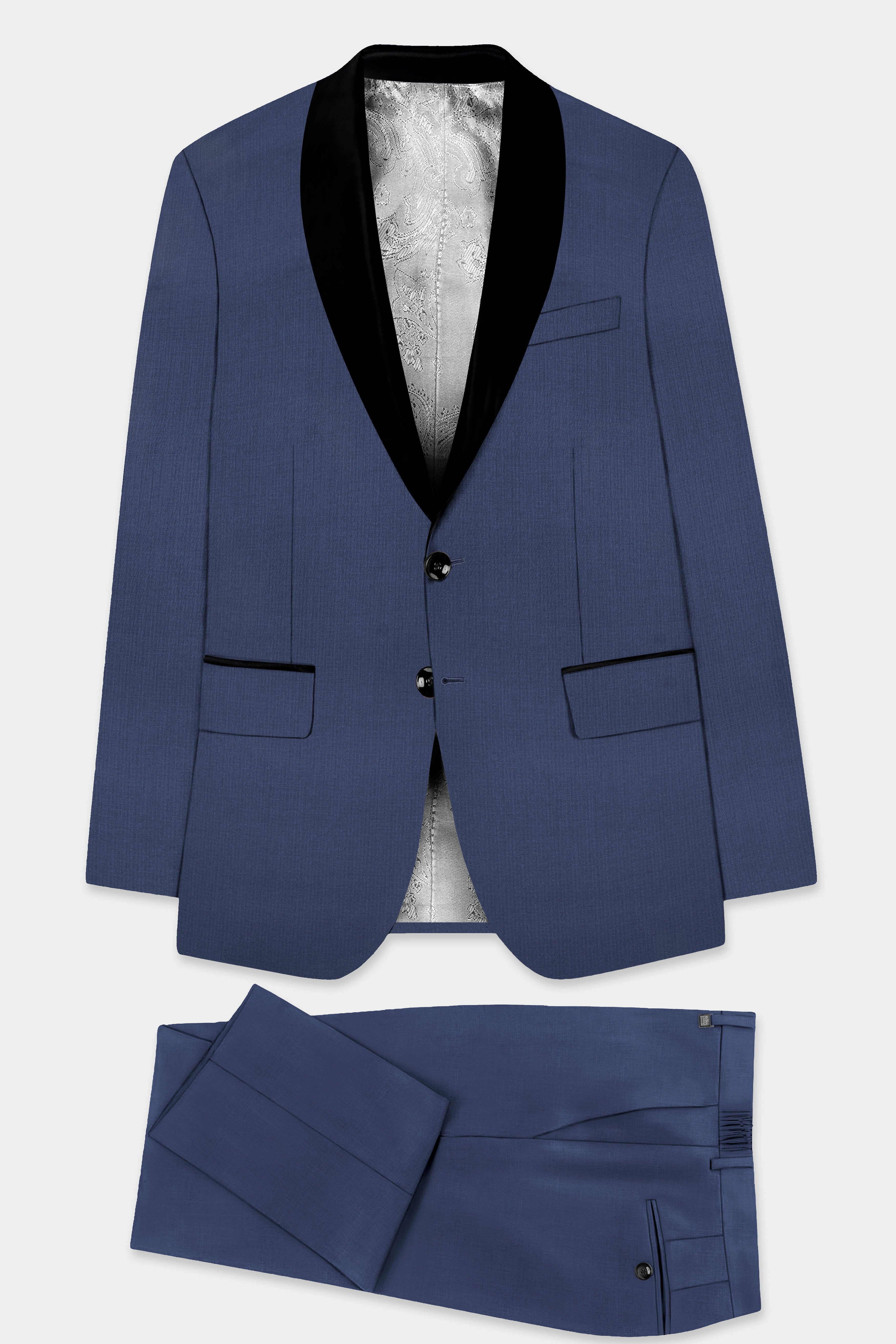 Sapphire-Glaucous Blue Solid Wool Rich Tuxedo Slight Stretch Suit