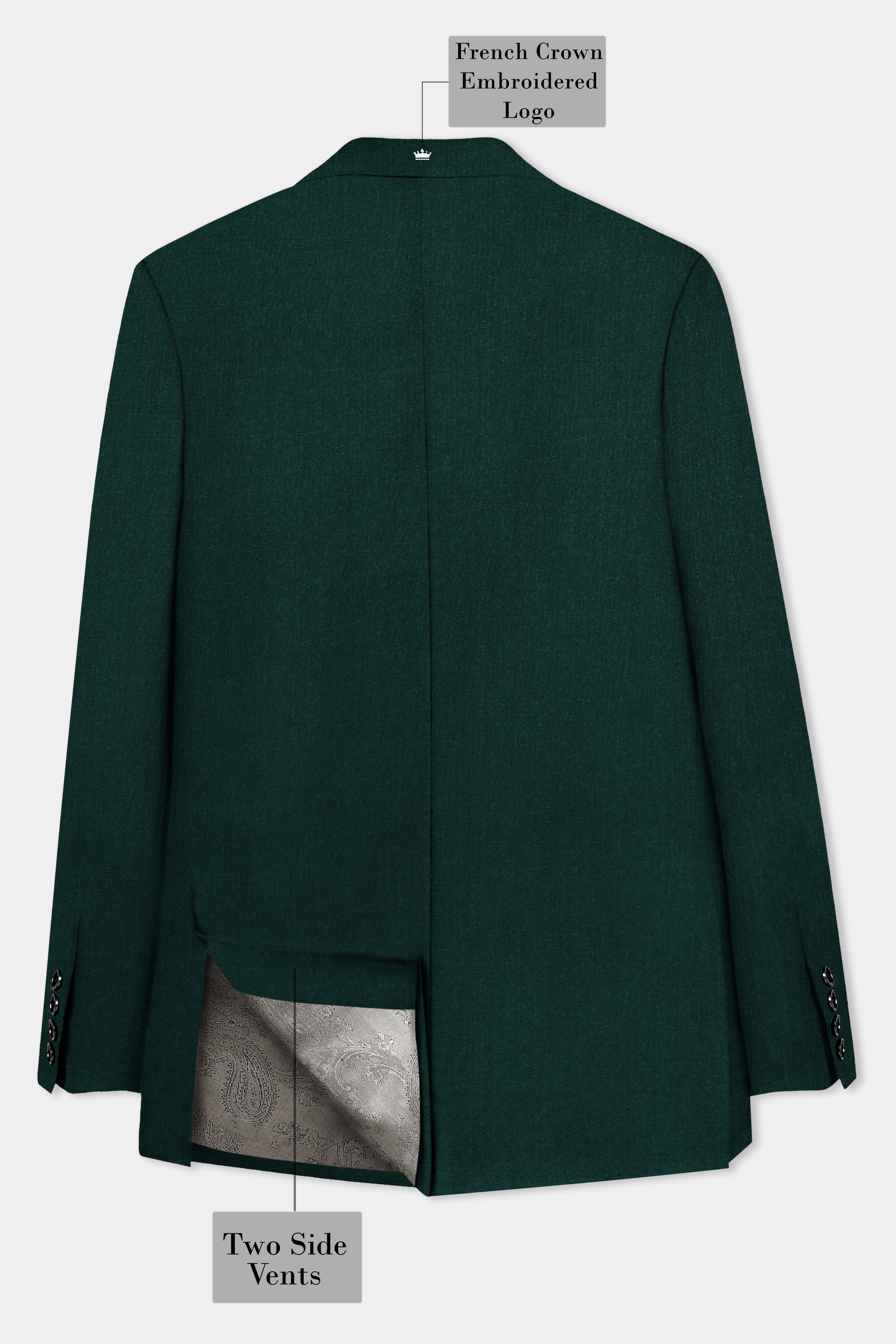 Emerald-Zucchini Green Solid Wool Rich Peak Lapel Tuxedo Slight Stretch Suit