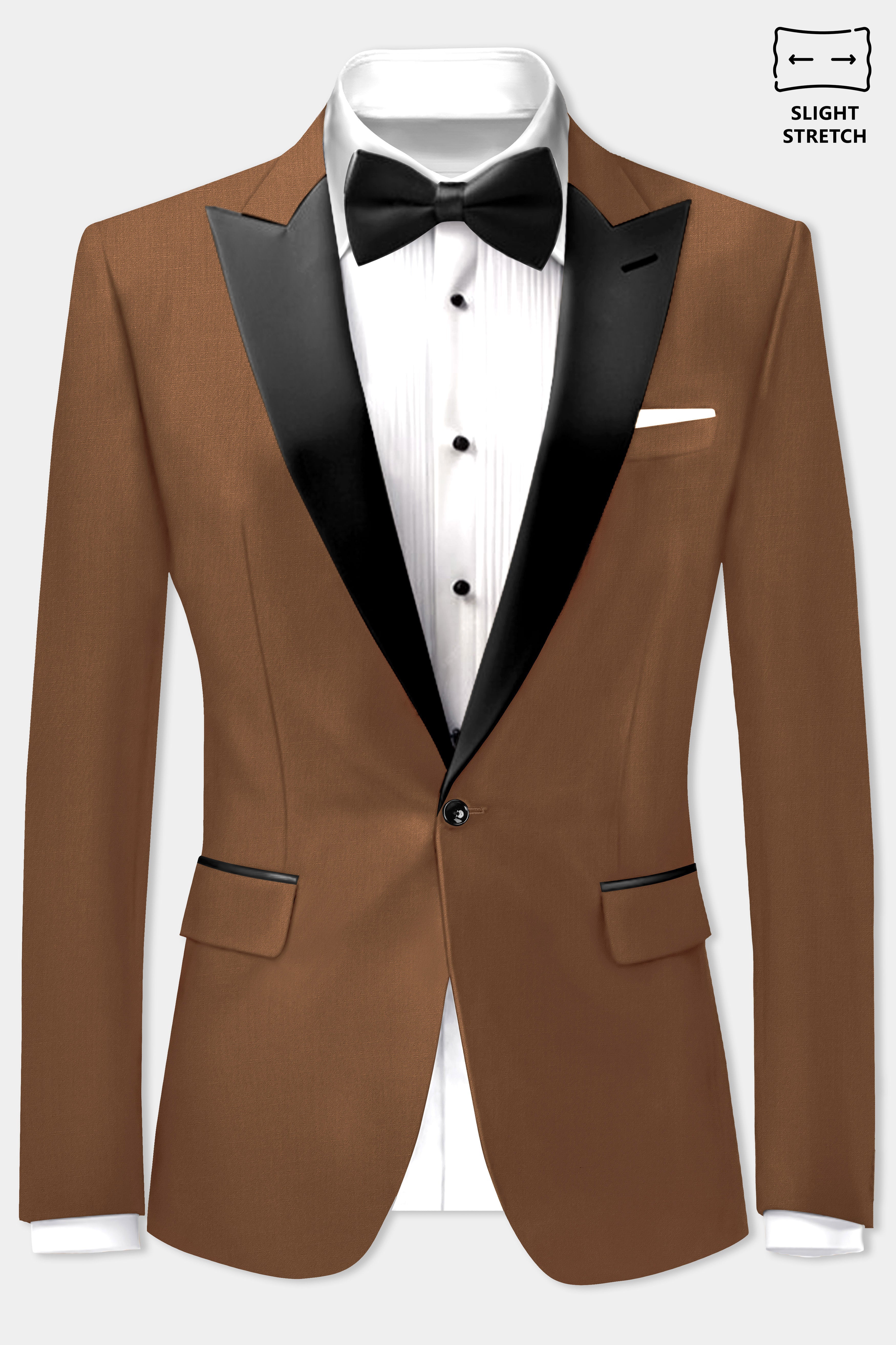 Bronze-Tawny Brown Solid Wool Rich Peak Lapel Tuxedo Slight Stretch Suit