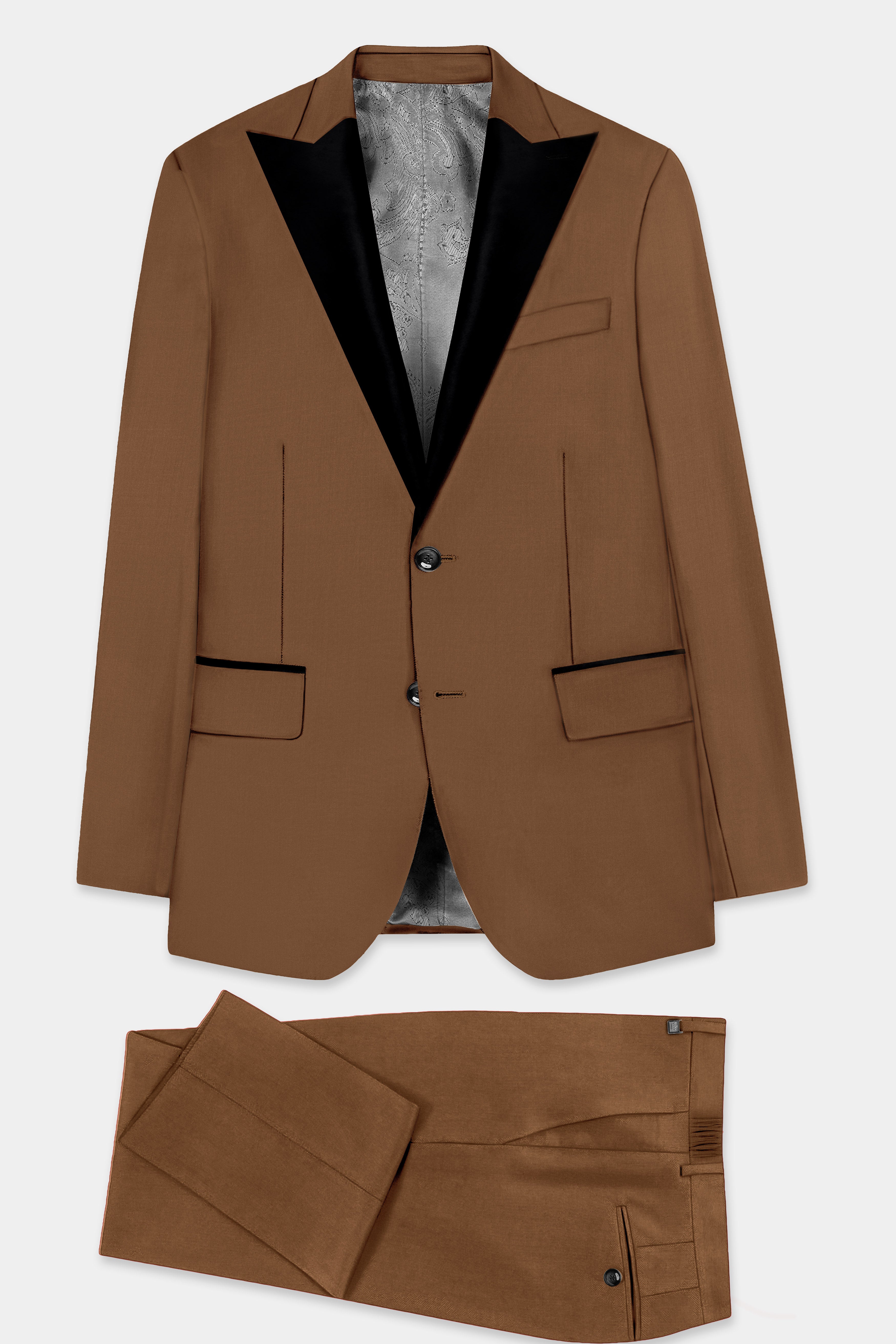 Bronze-Tawny Brown Solid Wool Rich Peak Lapel Tuxedo Slight Stretch Suit