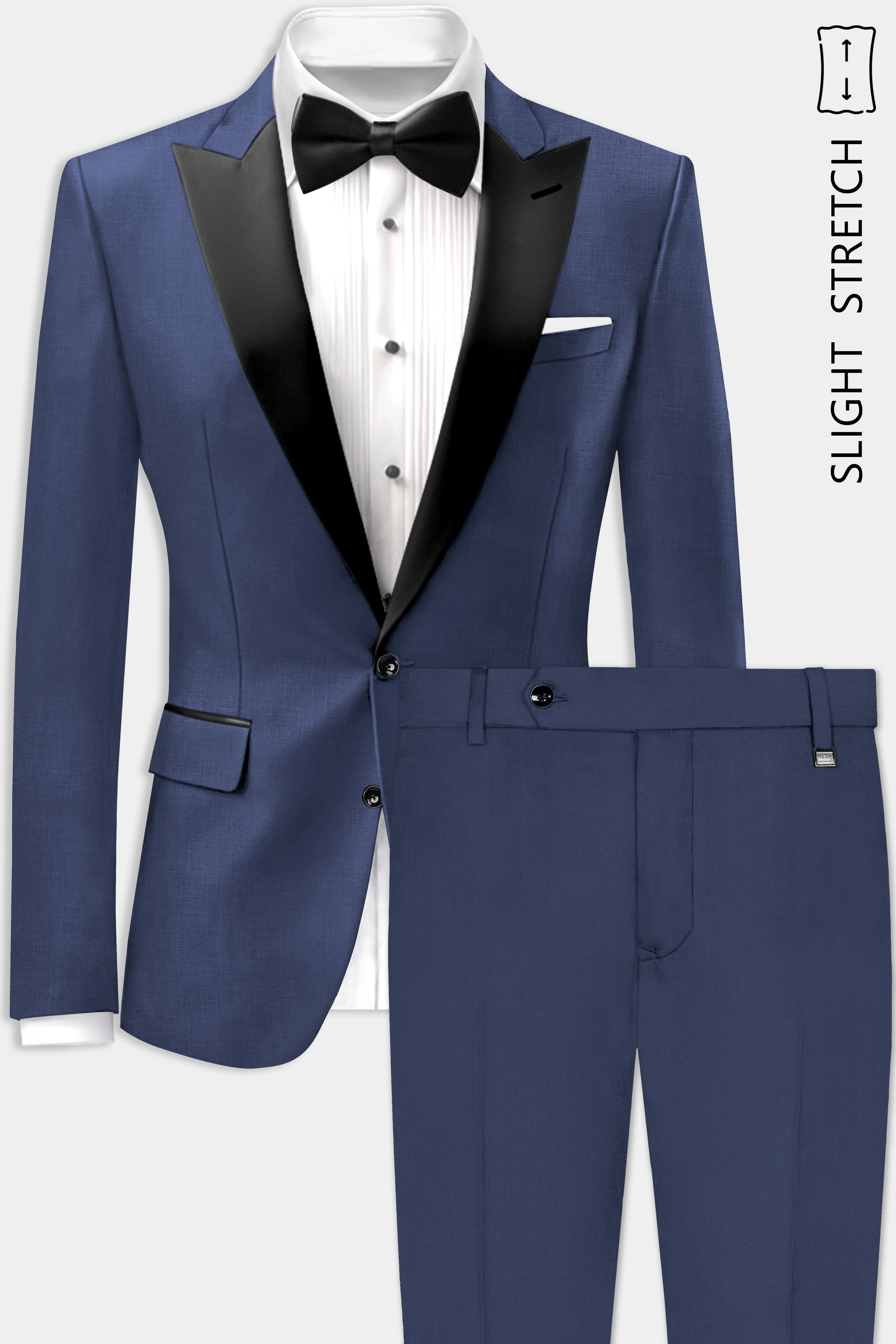 Sapphire-Glaucous Blue Solid Wool Rich Peak Lapel Tuxedo Slight Stretch Suit