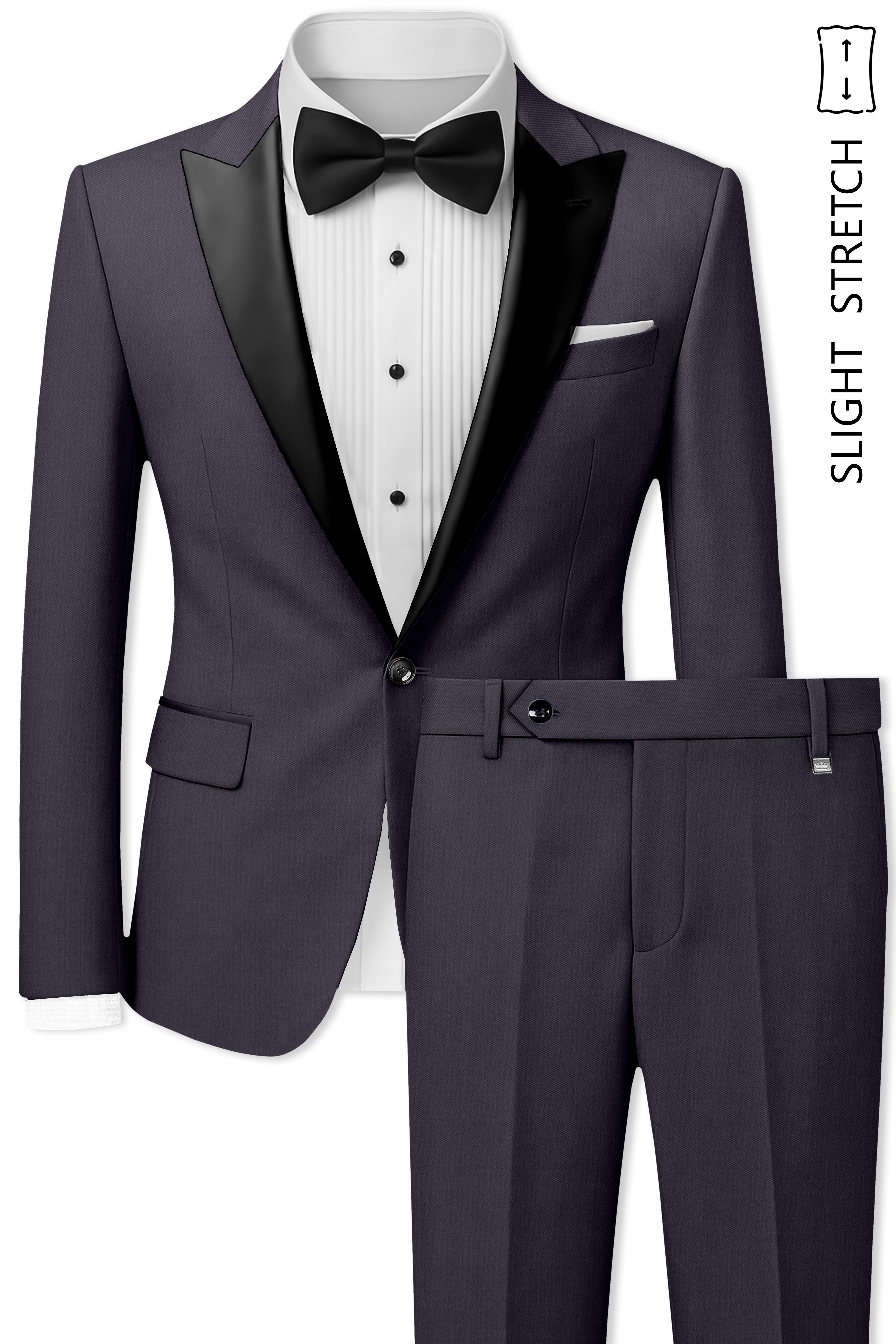 Sapphire-Glaucous Gray Solid Wool Rich Peak Lapel Tuxedo Slight Stretch Suit