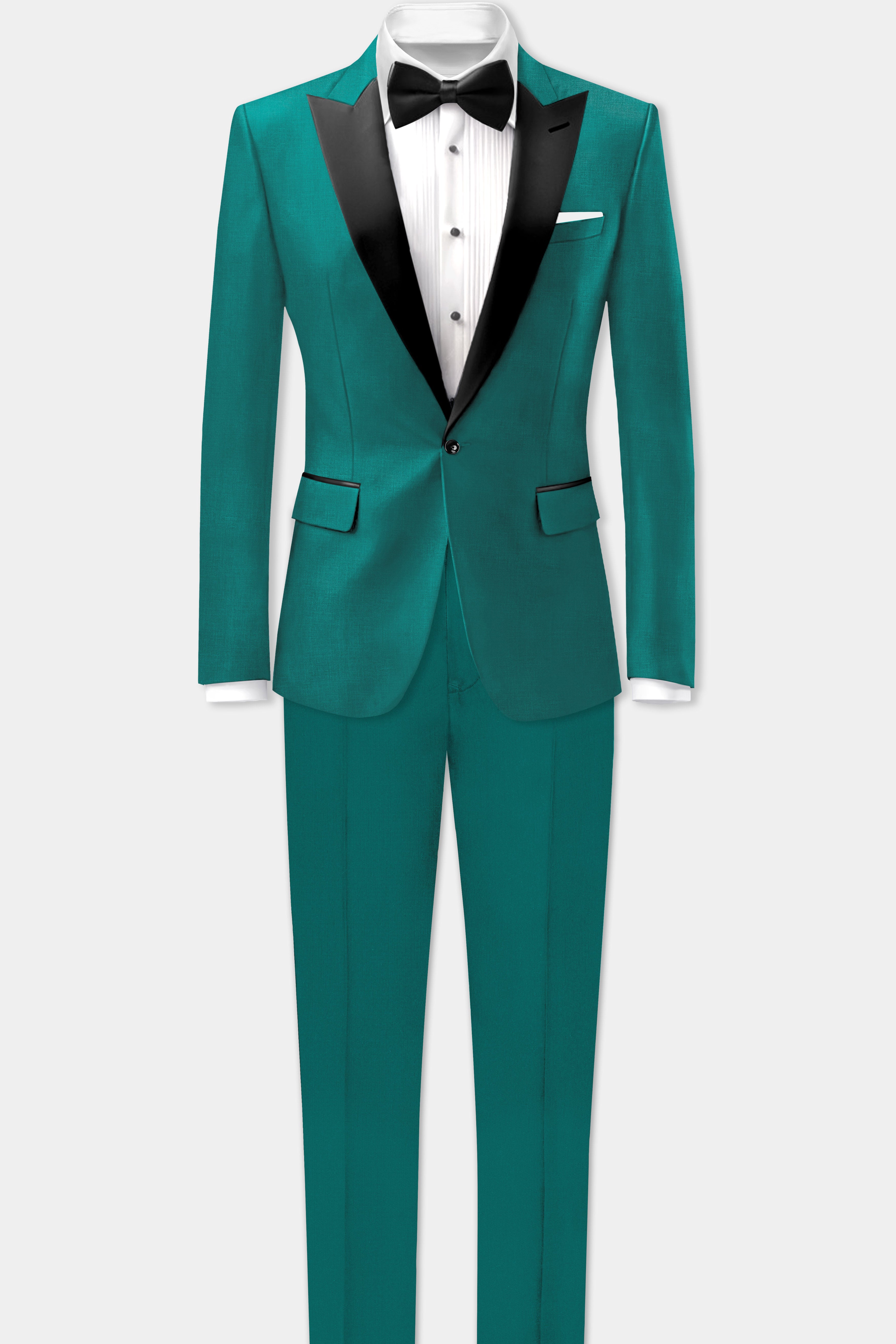 Verdant Classic-Surfie Green Solid Wool Rich Peak Lapel Tuxedo Slight Stretch Suit