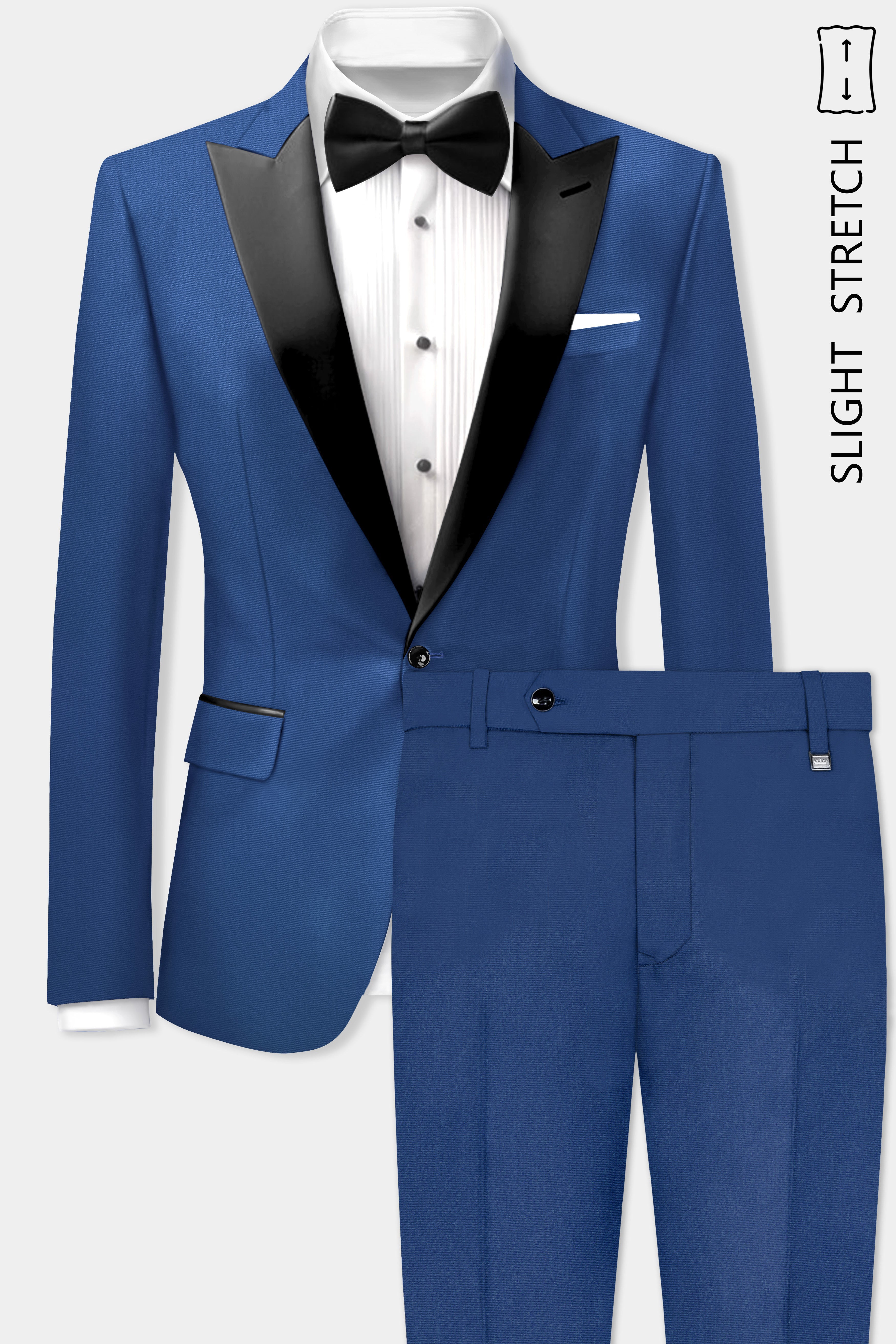 Cerulean Elite-Cobalt Blue Solid Wool Rich Peak Lapel Tuxedo Slight Stretch Suit